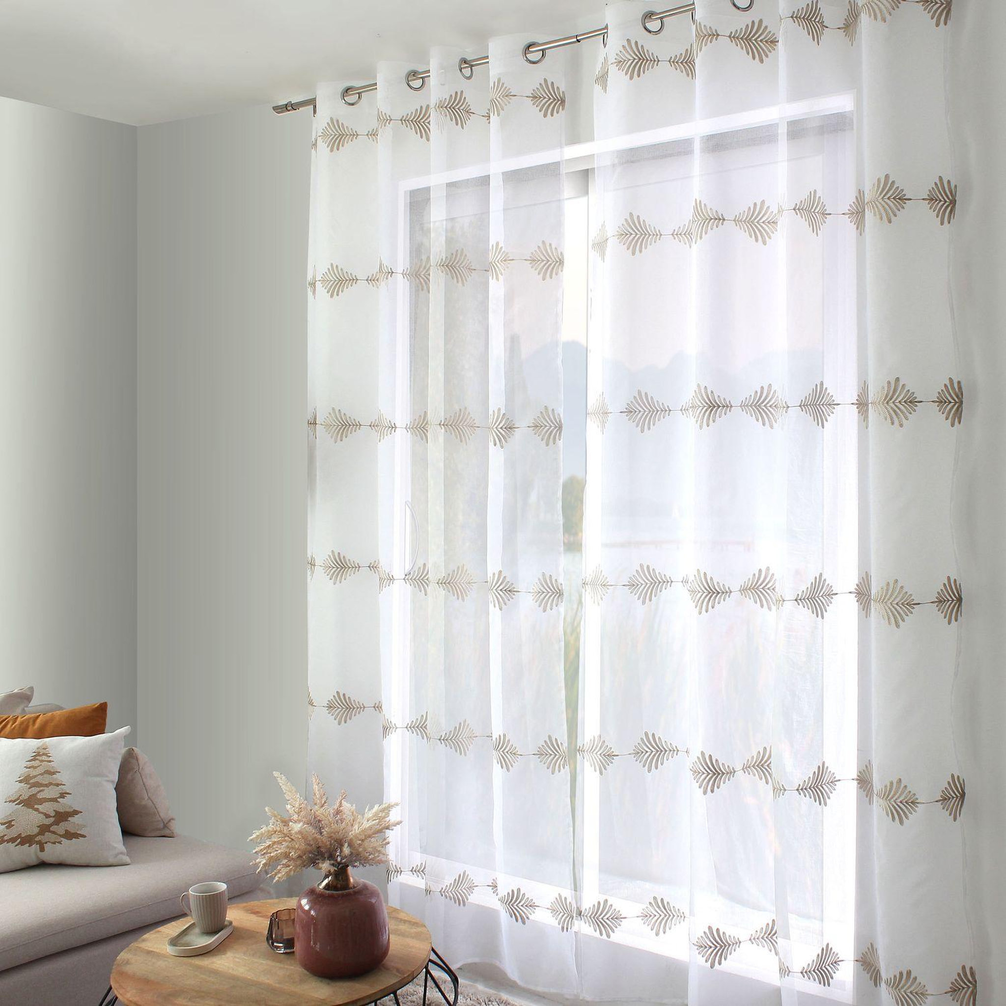 Voir la diapositive 2 : TOILINUX Voilage brodé horizontal ebene - 140 x 240 cm - blanc et beige