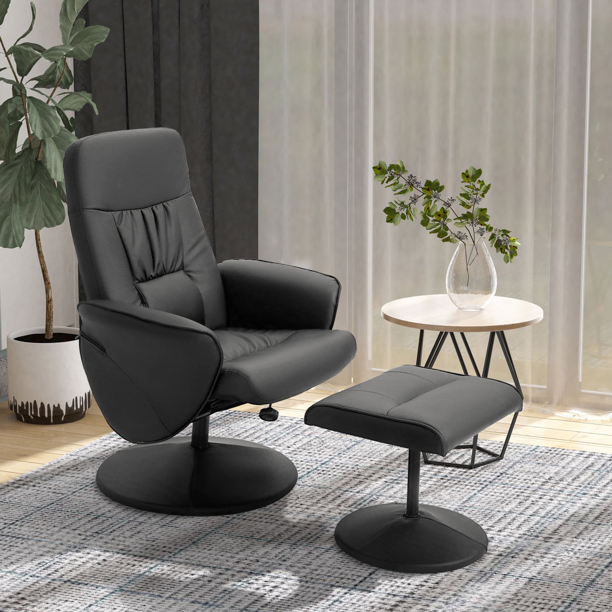 HOMCOM Fauteuil relax inclinable pivotant style contemporain avec repose-pied revêtement synthétique noir