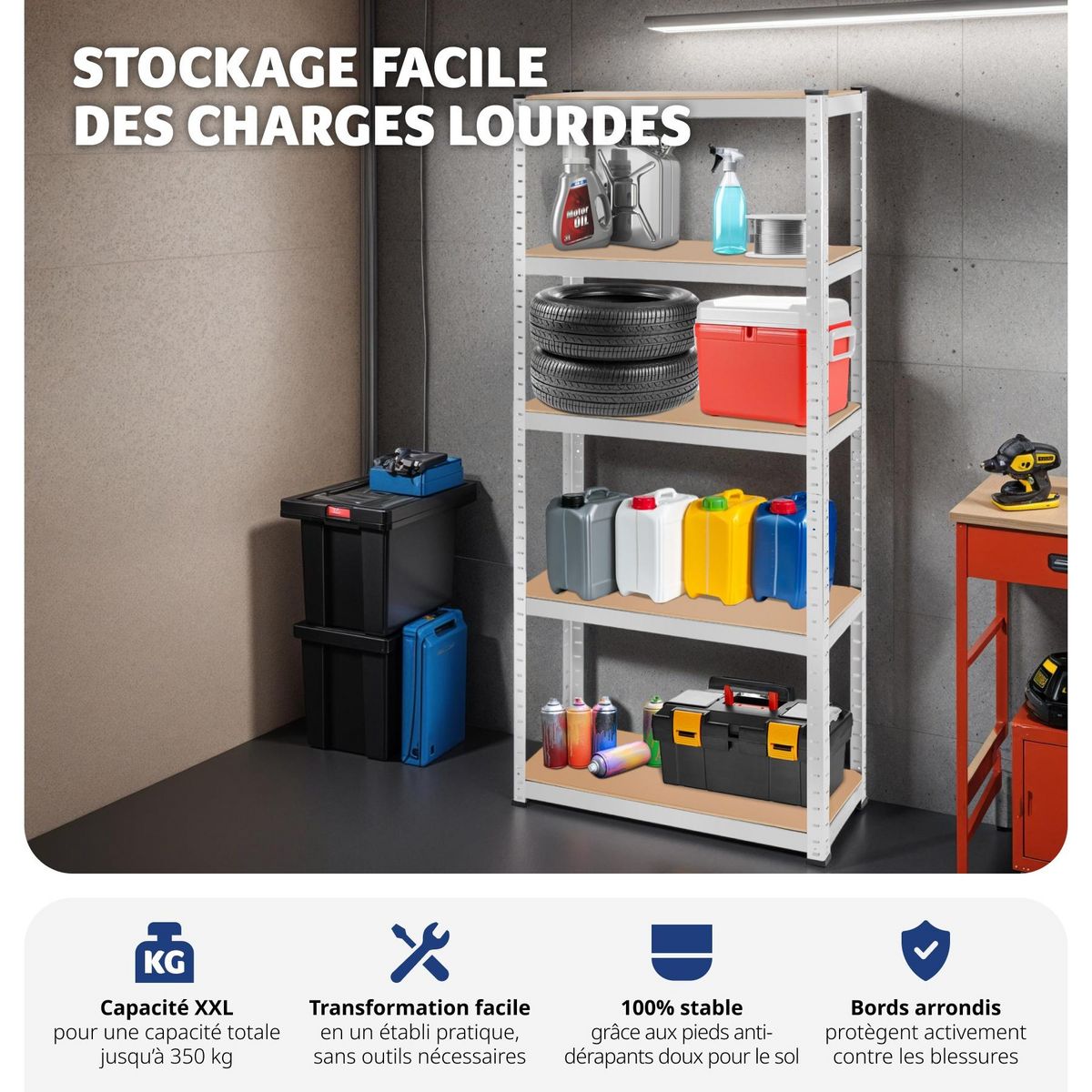 tectake Étagère pour charges lourdes structure en acier galvanisé argent 180 x 75 x 30 cm, 350 kg