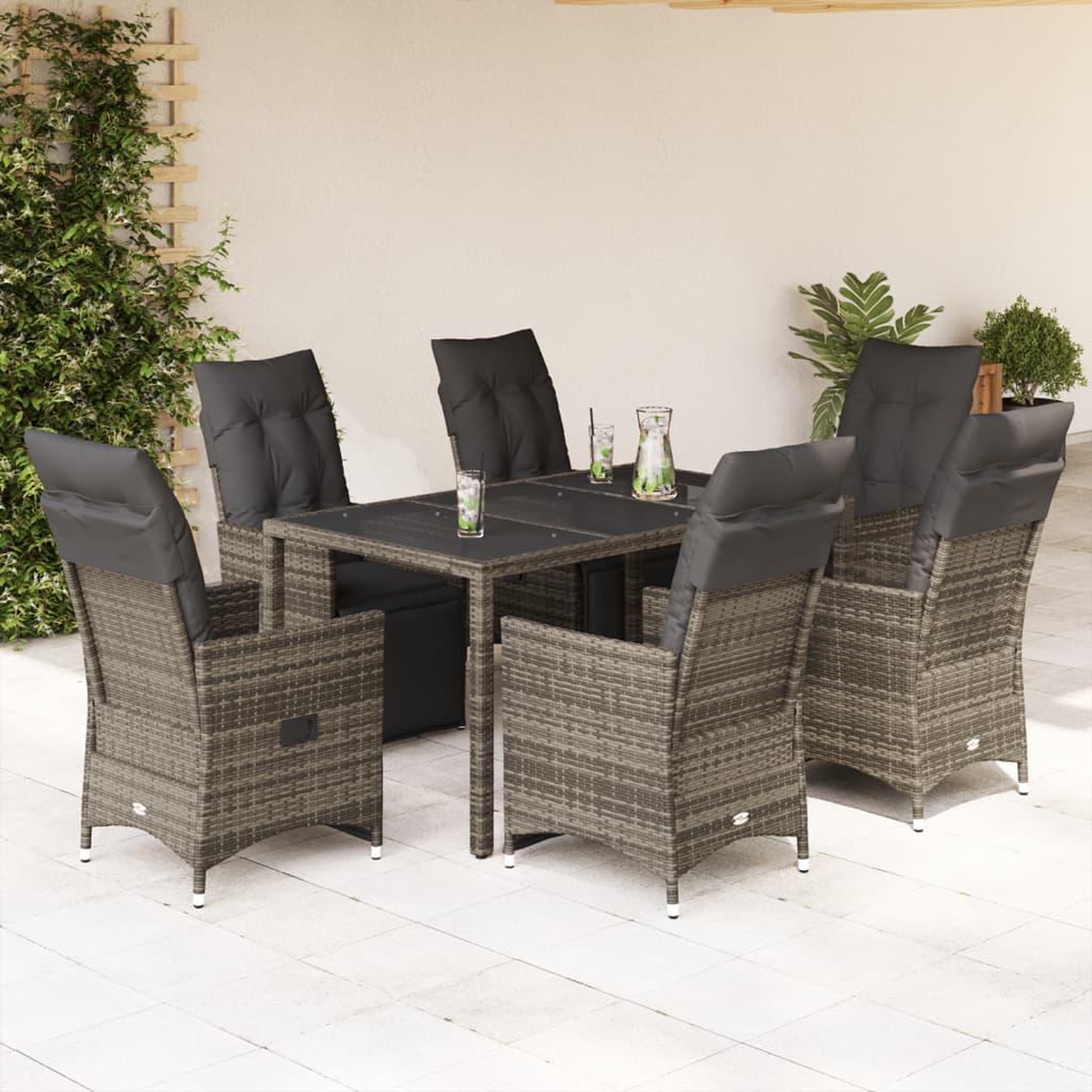VIDAXL Ensemble de bistro de jardin 7 pcs coussins gris poly rotin