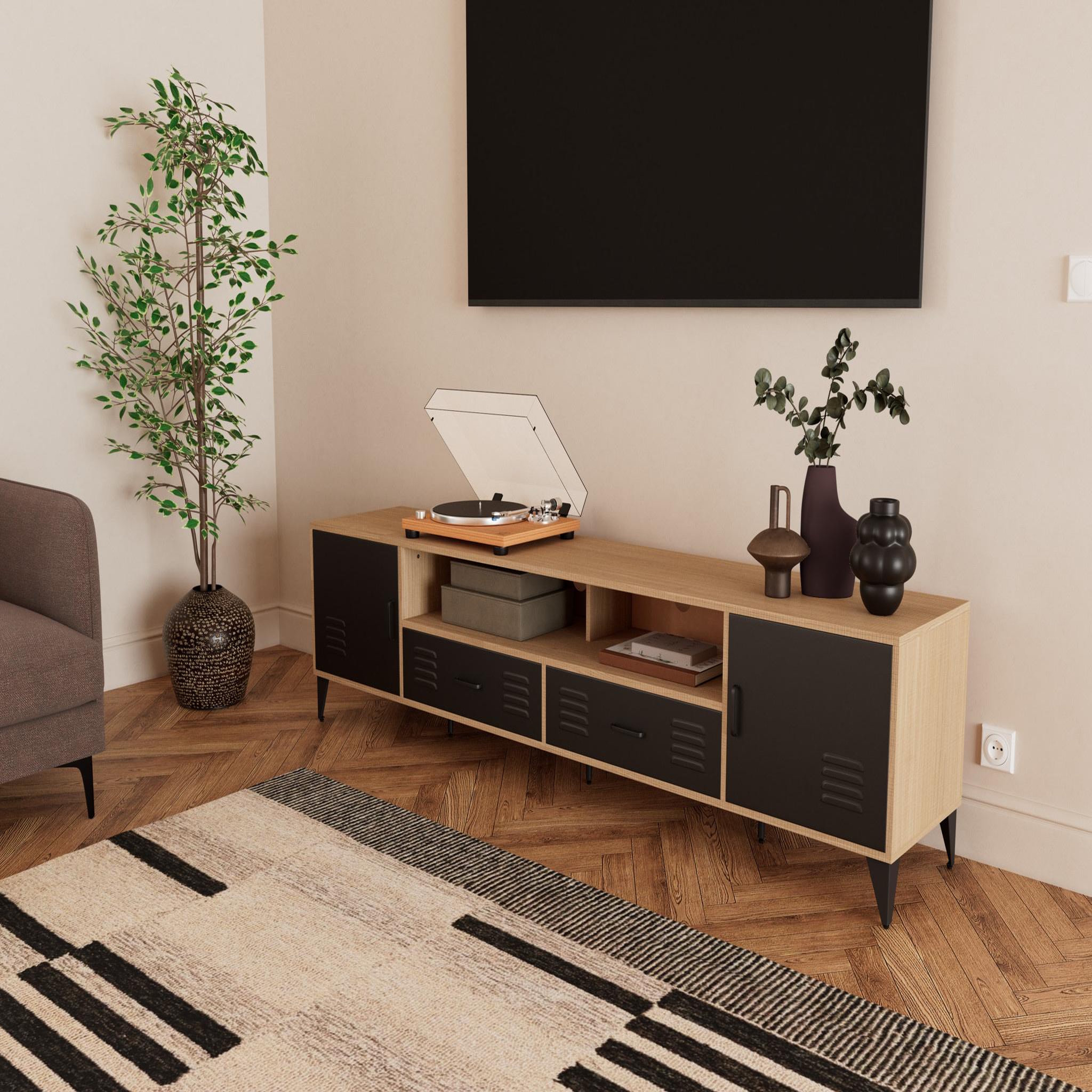 BEST MOBILIER Tribeca - meuble tv - effet bois et métal noir - 2 portes et 2 tiroirs - 200 cm. Coloris disponibles : Marron