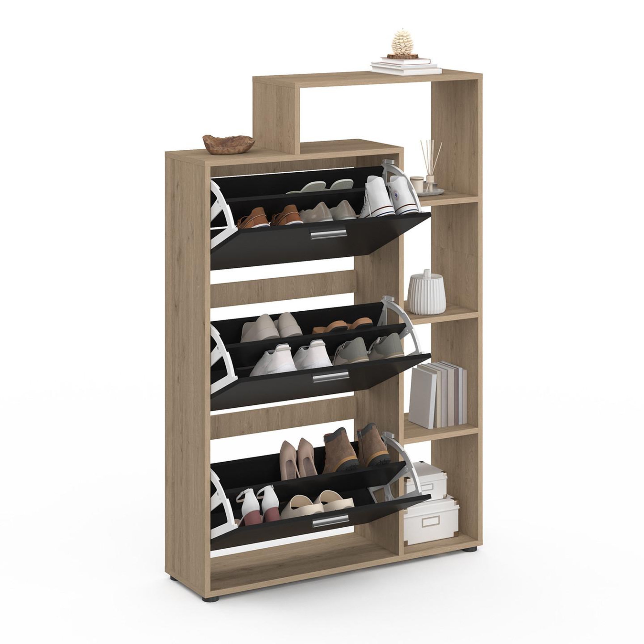Voir la diapositive 4 : ID MARKET Meuble à chaussures 18 paires klark imitation hêtre 3 portes noires avec étagère