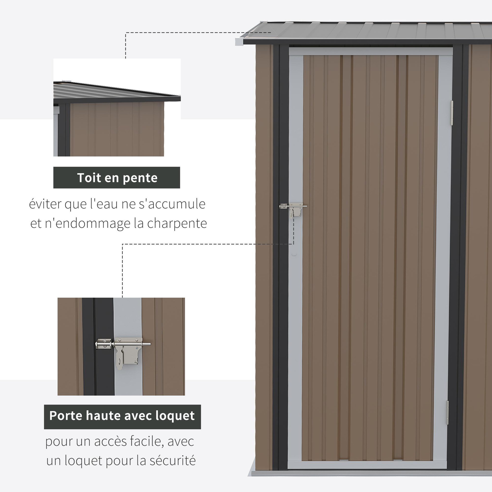 Voir la diapositive 3 : OUTSUNNY Abri de jardin - remise pour outils - cabanon porte verrouillable - dim. 142L x 84l x 189H cm - tôle d'acier marron blanc