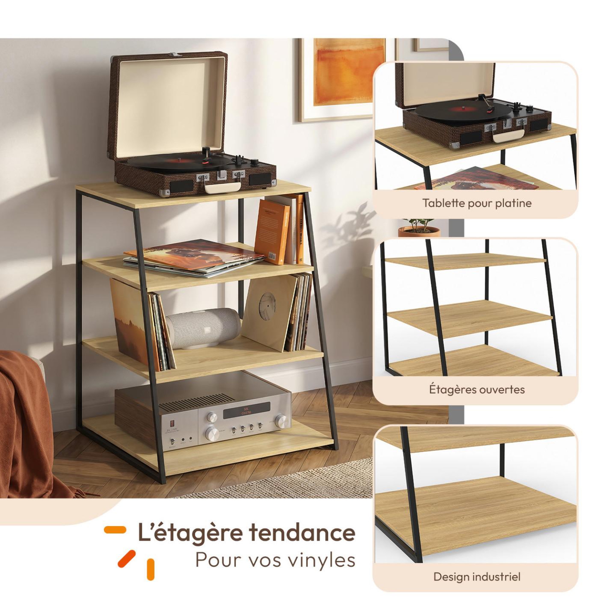 Voir la diapositive 4 : ID MARKET Meuble hifi, support pour platine, enceintes et vinyles 60 cm detroit étagère 4 niveaux bois et noir design industriel