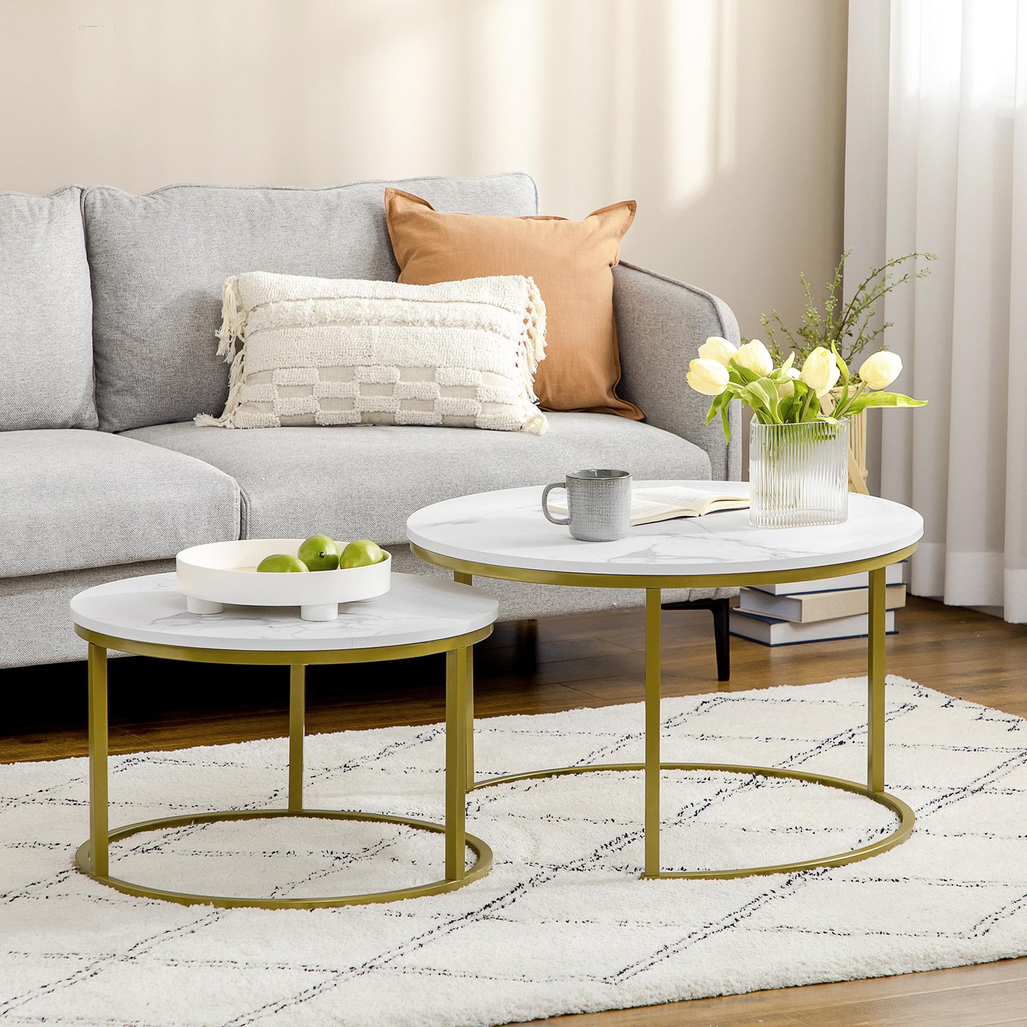 Voir la diapositive 2 : HOMCOM Lot de 2 tables basses gigognes rondes style art déco - acier doré panneaux aspect marbre blanc