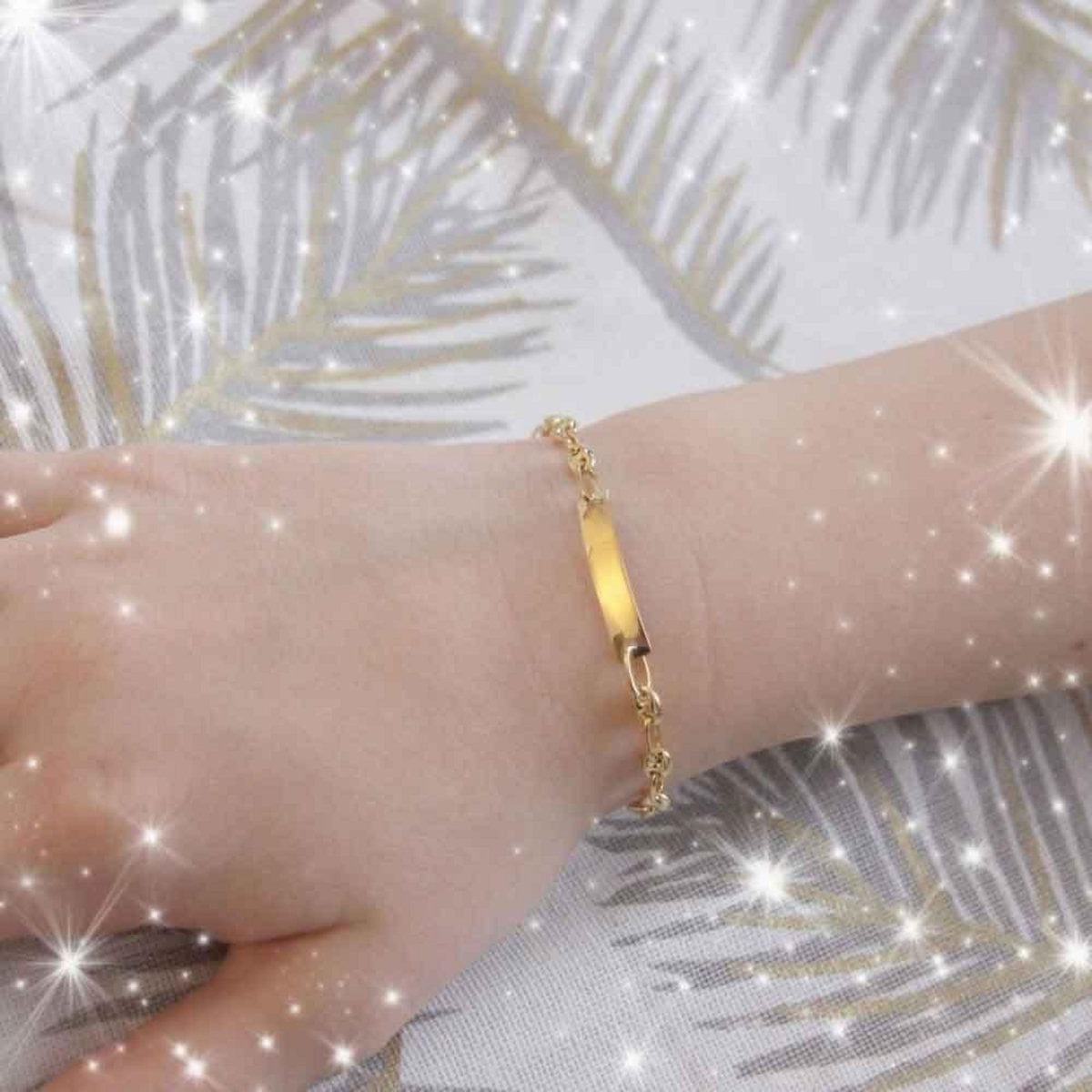 L'ATELIER D'AZUR Bracelet Enfant Or Jaune - Gourmette - Maille Grain de Café - Gravure Offerte