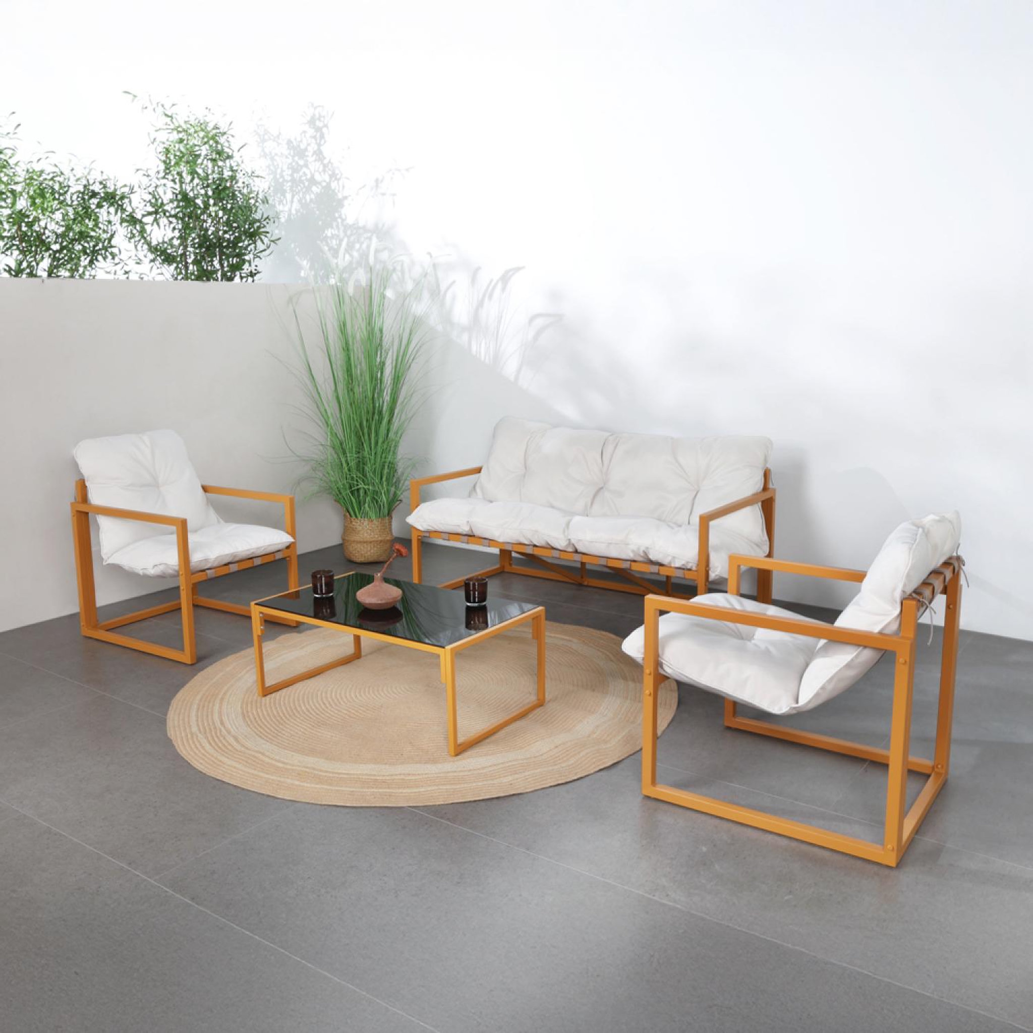 Voir la diapositive 4 : CONCEPT USINE Salon de jardin 5 places contemporain marron et coussins beiges rabat