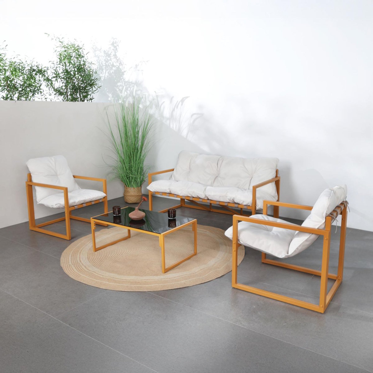 CONCEPT USINE Salon de jardin 5 places contemporain marron et coussins beiges RABAT