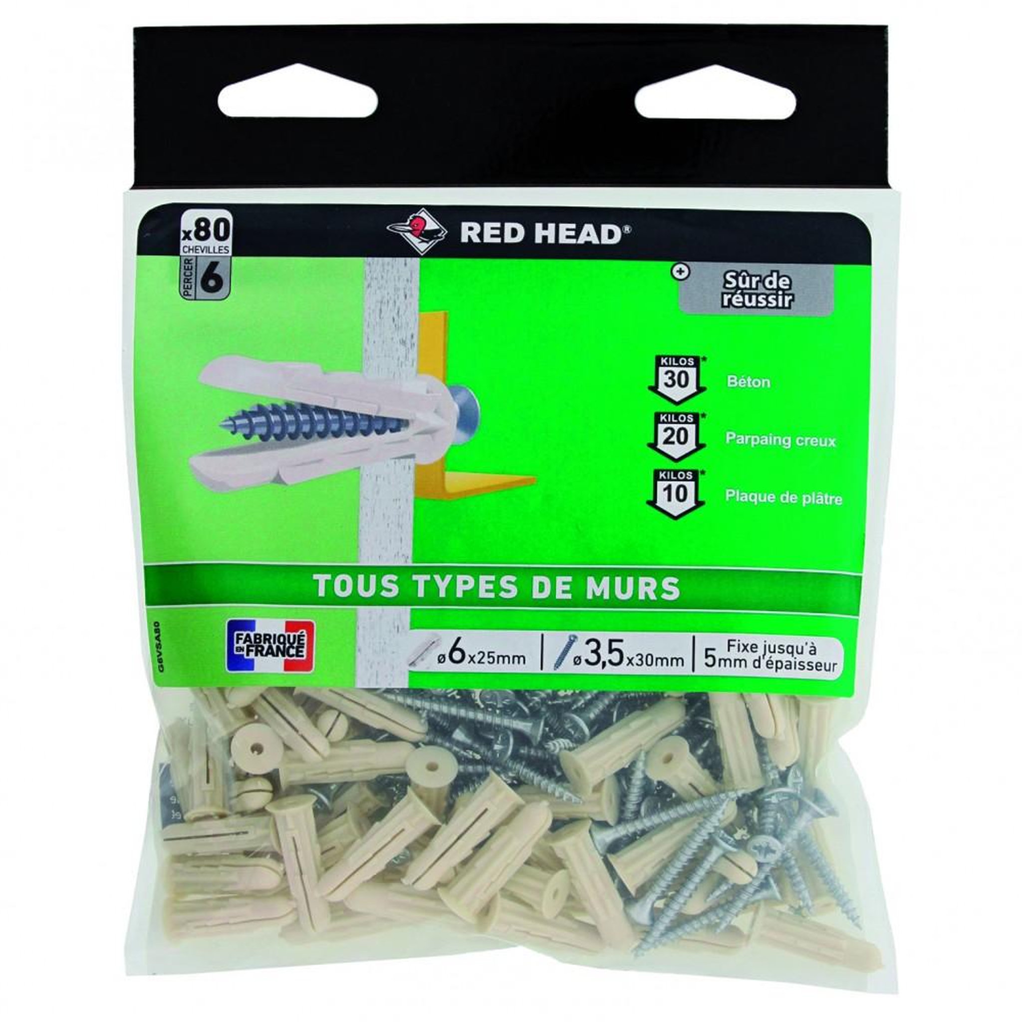 RED HEAD Lot de 80 chevilles et vis à expansion ou à verrouillage de forme grapex G6VSA80
