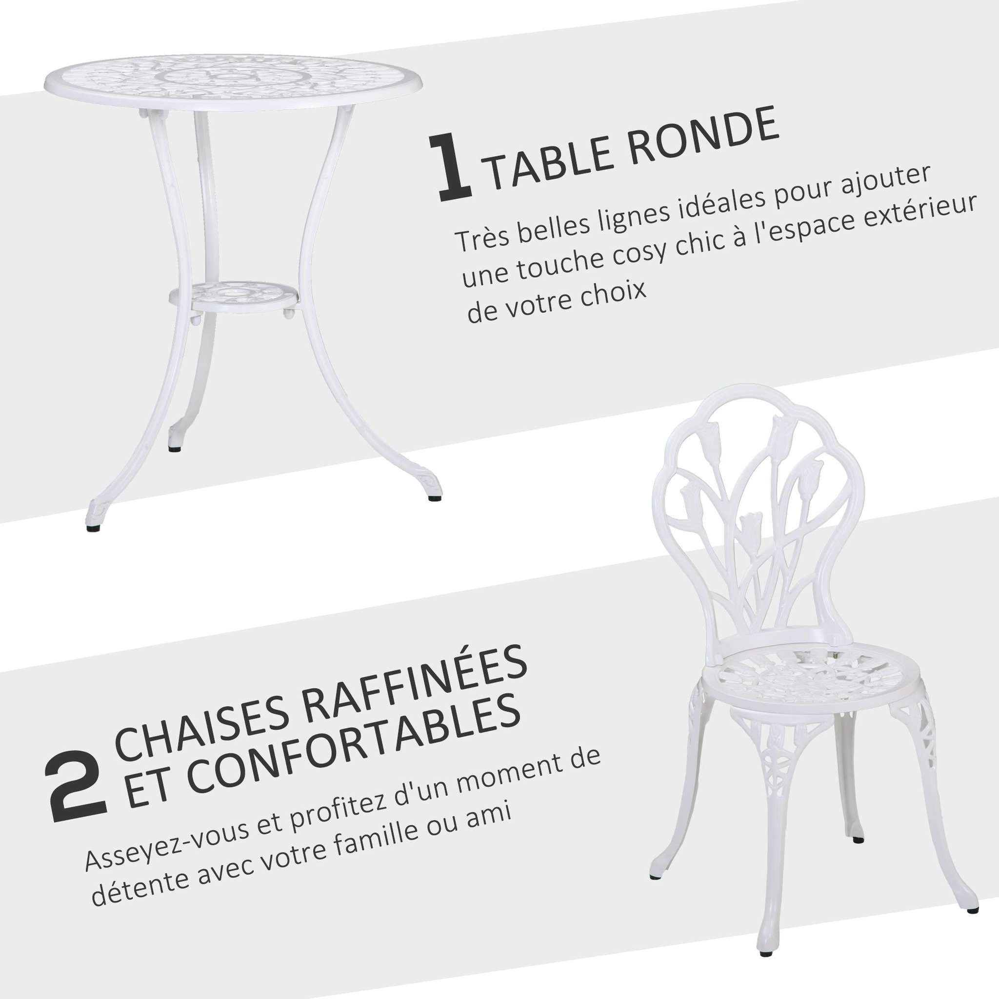 Voir la diapositive 5 : OUTSUNNY Ensemble salon de jardin 2 places 2 chaises + table ronde fonte d'aluminium imitation fer forgé blanc