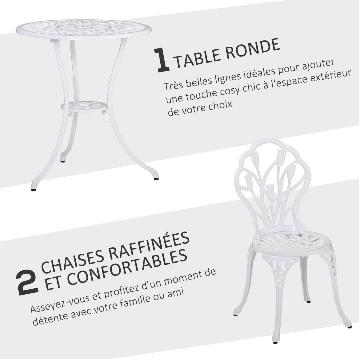 OUTSUNNY Ensemble salon de jardin 2 places 2 chaises + table ronde fonte d'aluminium imitation fer forgé blanc