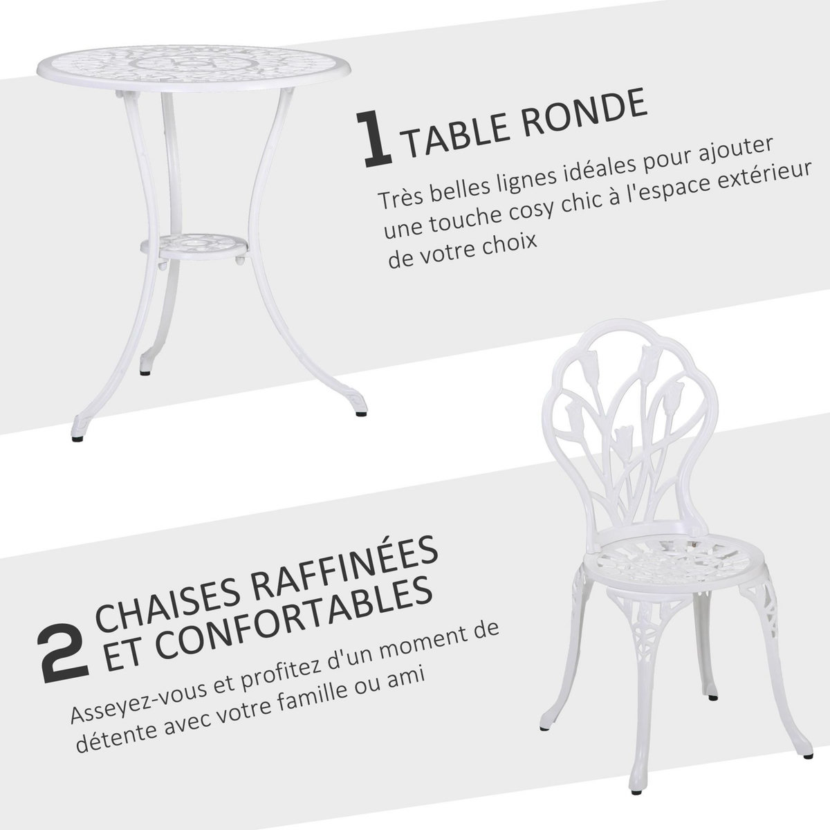 OUTSUNNY Ensemble salon de jardin 2 places 2 chaises + table ronde fonte d'aluminium imitation fer forgé blanc
