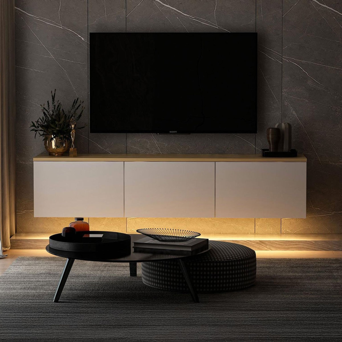 CONCEPT USINE Meuble TV LED suspendu avec placards blanc et plateau bois 160cm LUMI