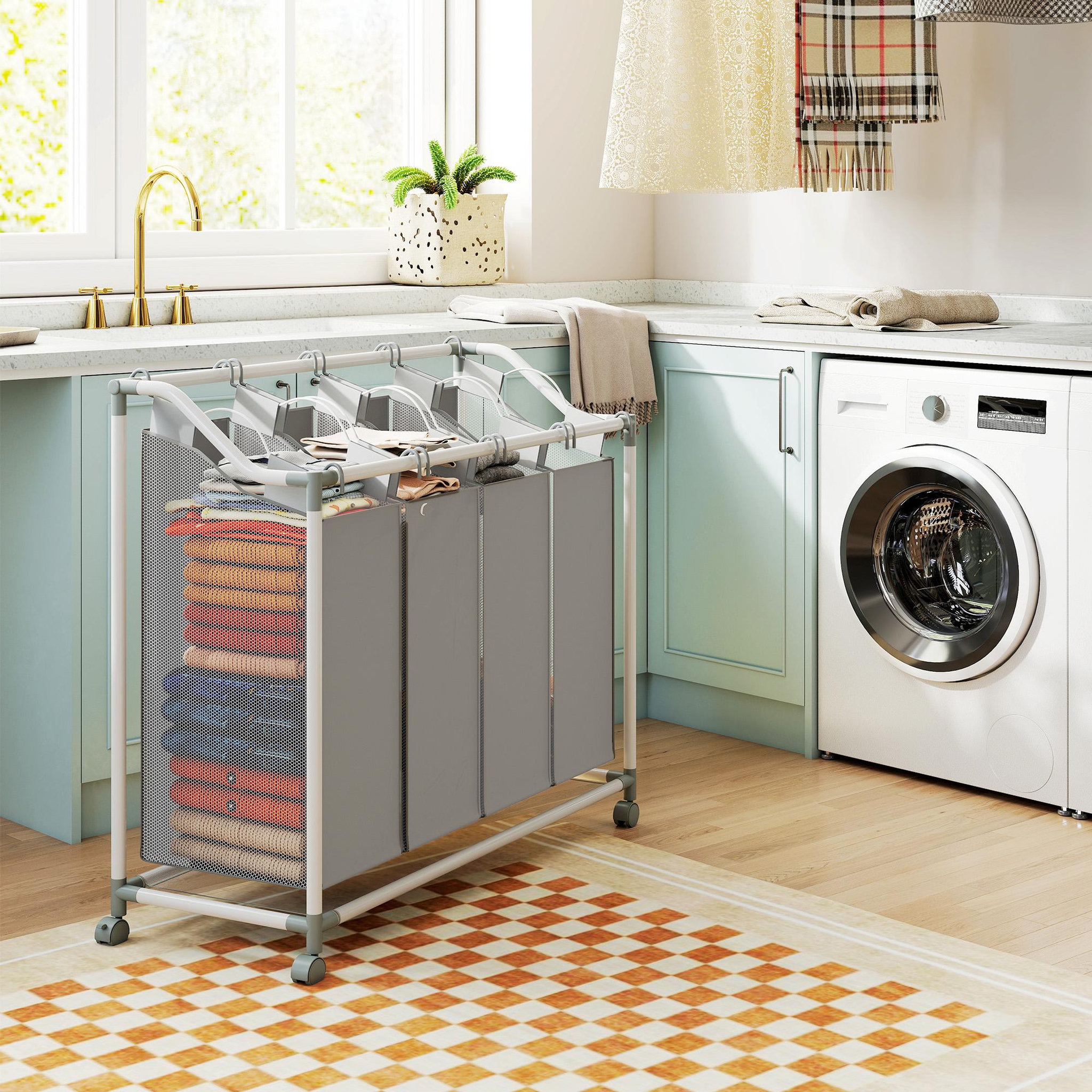 Voir la diapositive 6 : HOMCOM Panier à linge sur roulettes 4 sacs amovible métal tissu oxford gris
