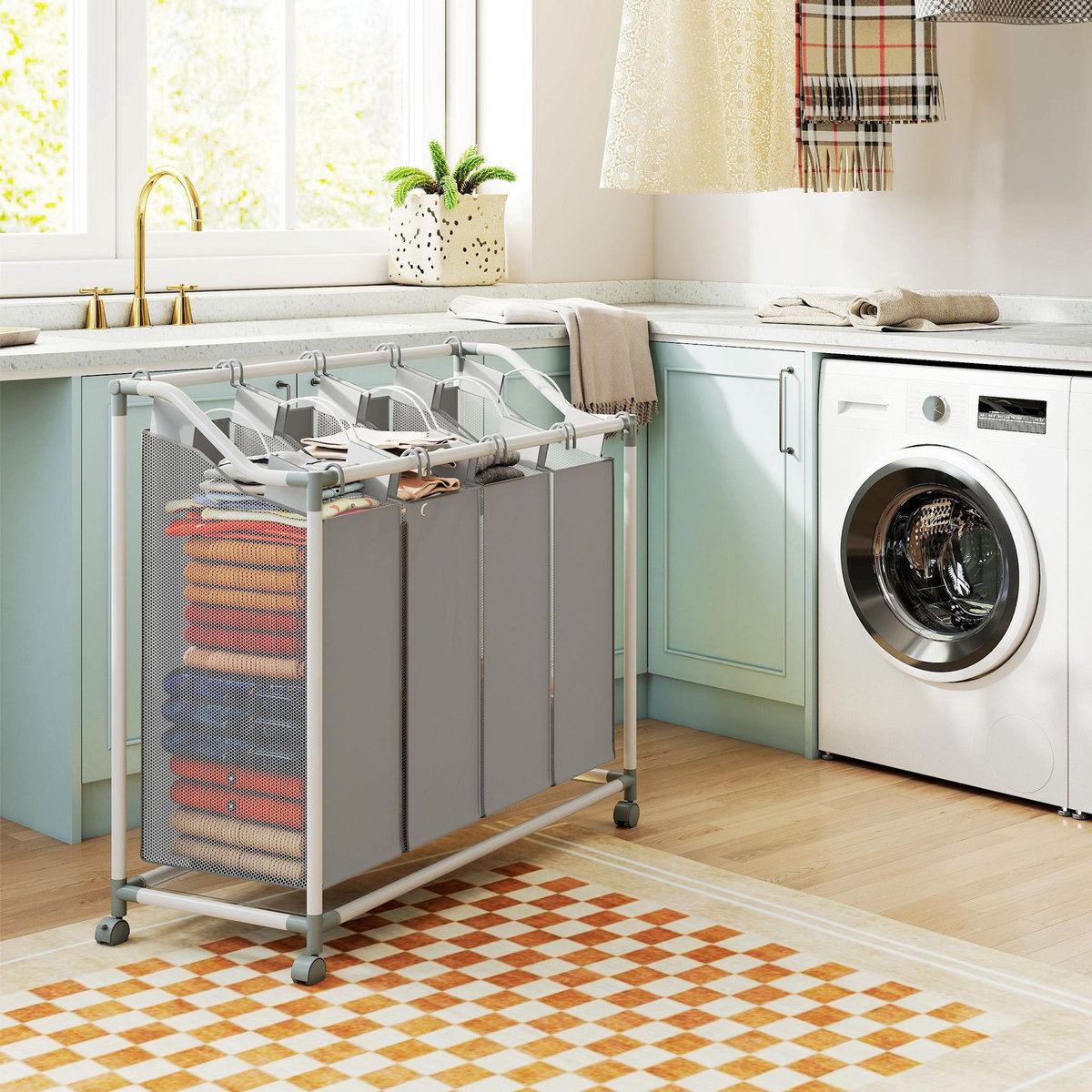 HOMCOM Panier à linge sur roulettes 4 sacs amovible métal tissu Oxford gris