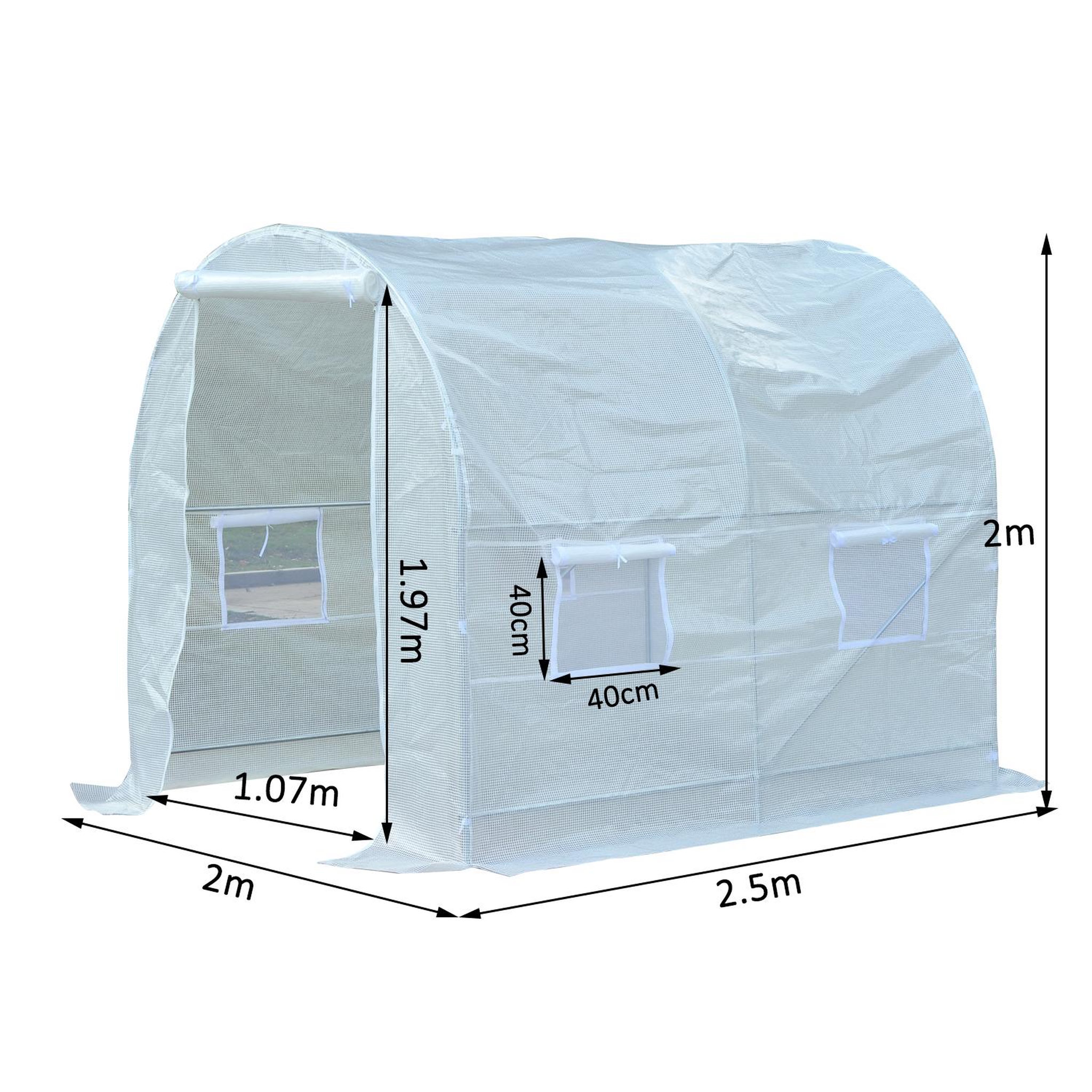 Voir la diapositive 3 : OUTSUNNY Serre de jardin tunnel surface sol 5 m² 2,5L x 2l x 2H m châssis tubulaire renforcé 18 mm 4 fenêtres blanc