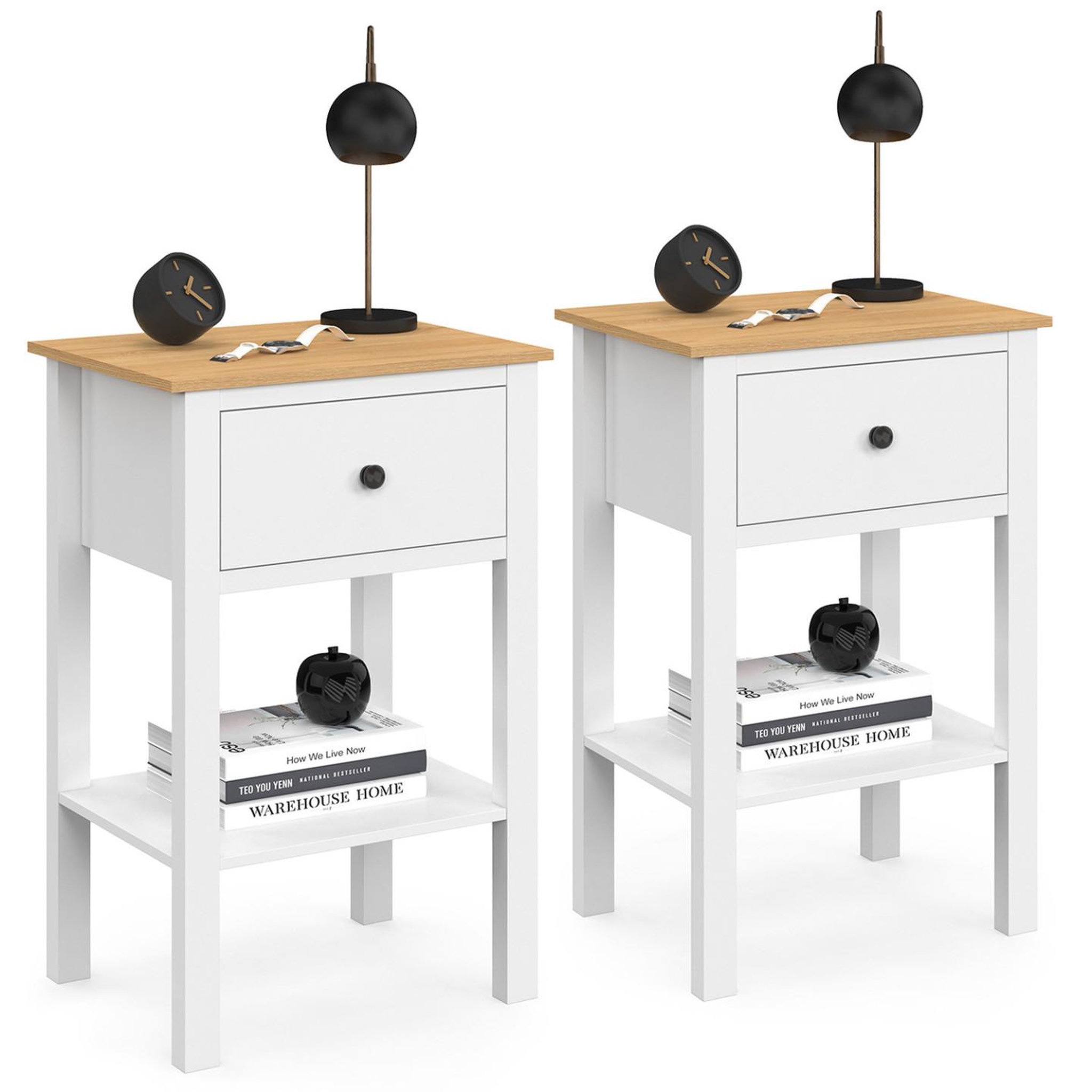 ID MARKET Lot de 2 tables de chevet achille 1 tiroir et 1 tablette blanc et plateau bois