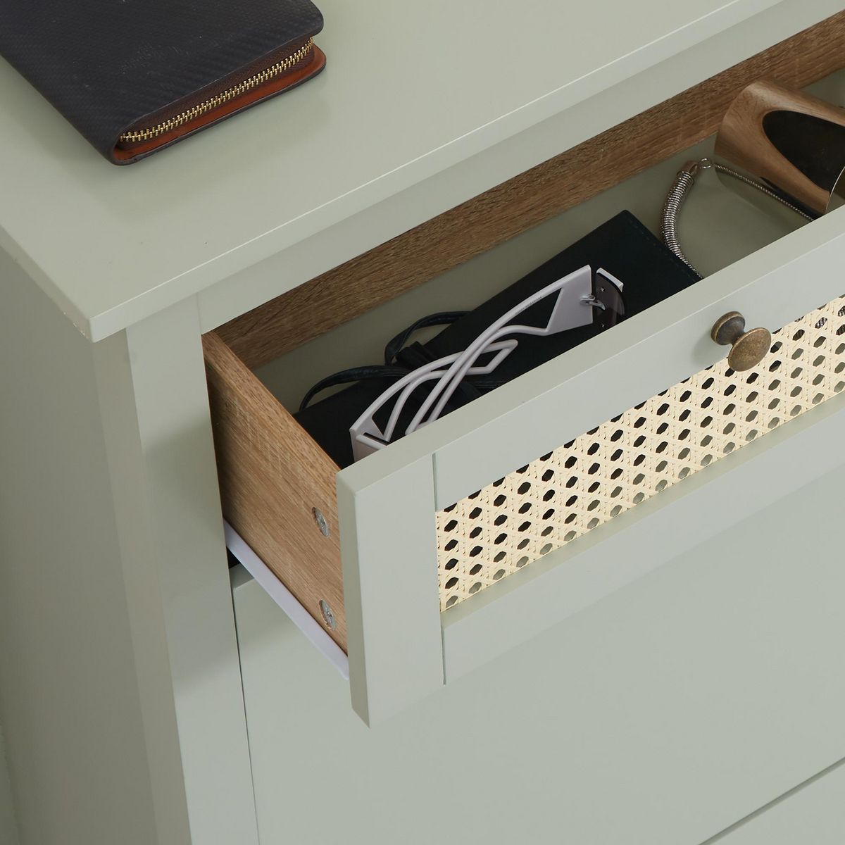 HOMCOM Meuble à chaussures style bohème chic - 2 portes abattantes 2 étagères réglables tiroir - MDF vert d'eau aspect rotin