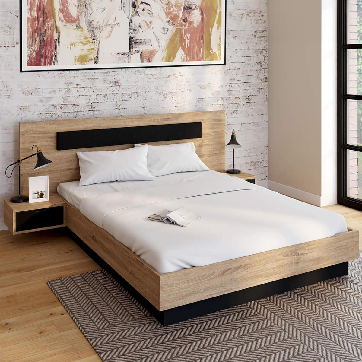 ID MARKET Lit double SANTA avec tête de lit + tables de chevet intégrées et sommier 140 x 190 cm bois et noir