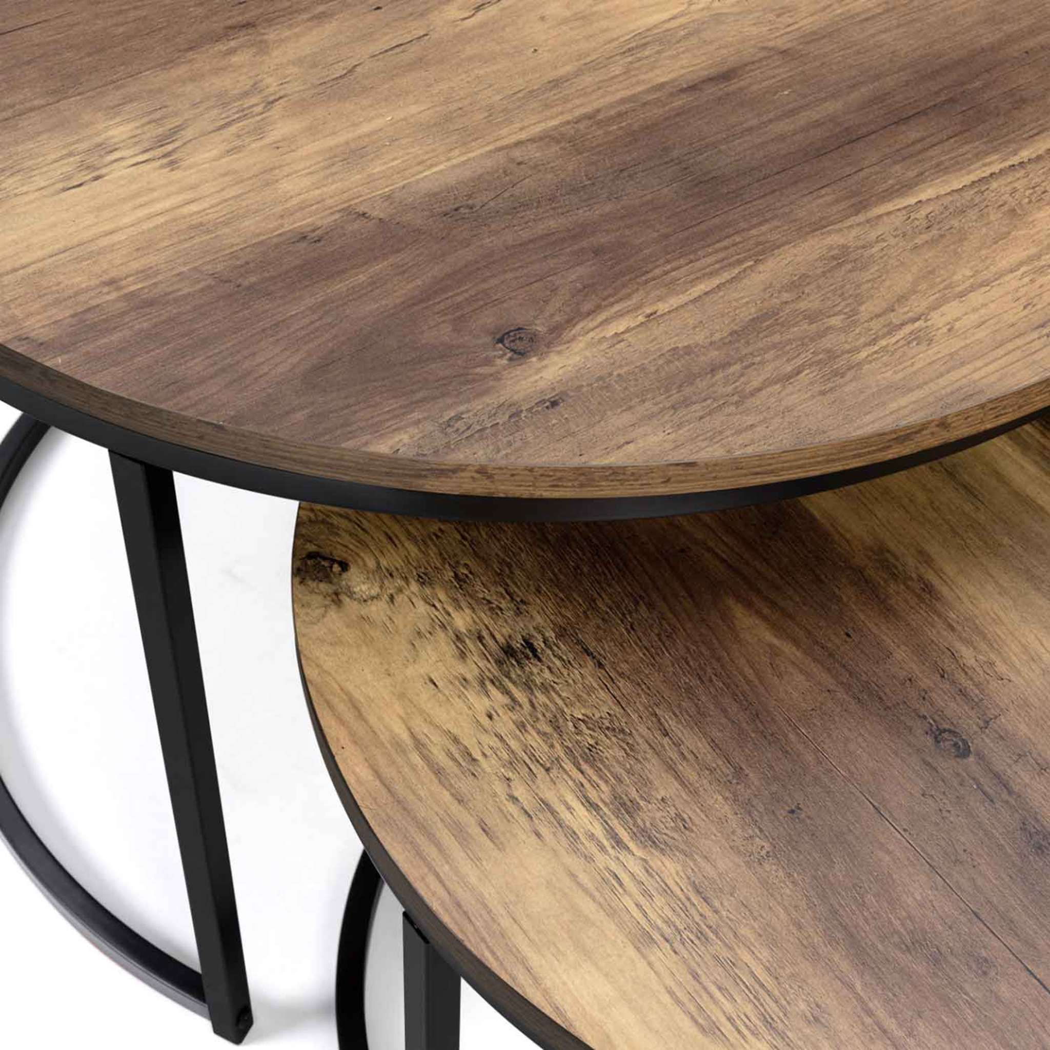 Voir la diapositive 4 : ID MARKET Lot de 2 tables basses gigognes hawkins rondes 54/70 bois foncé design industriel