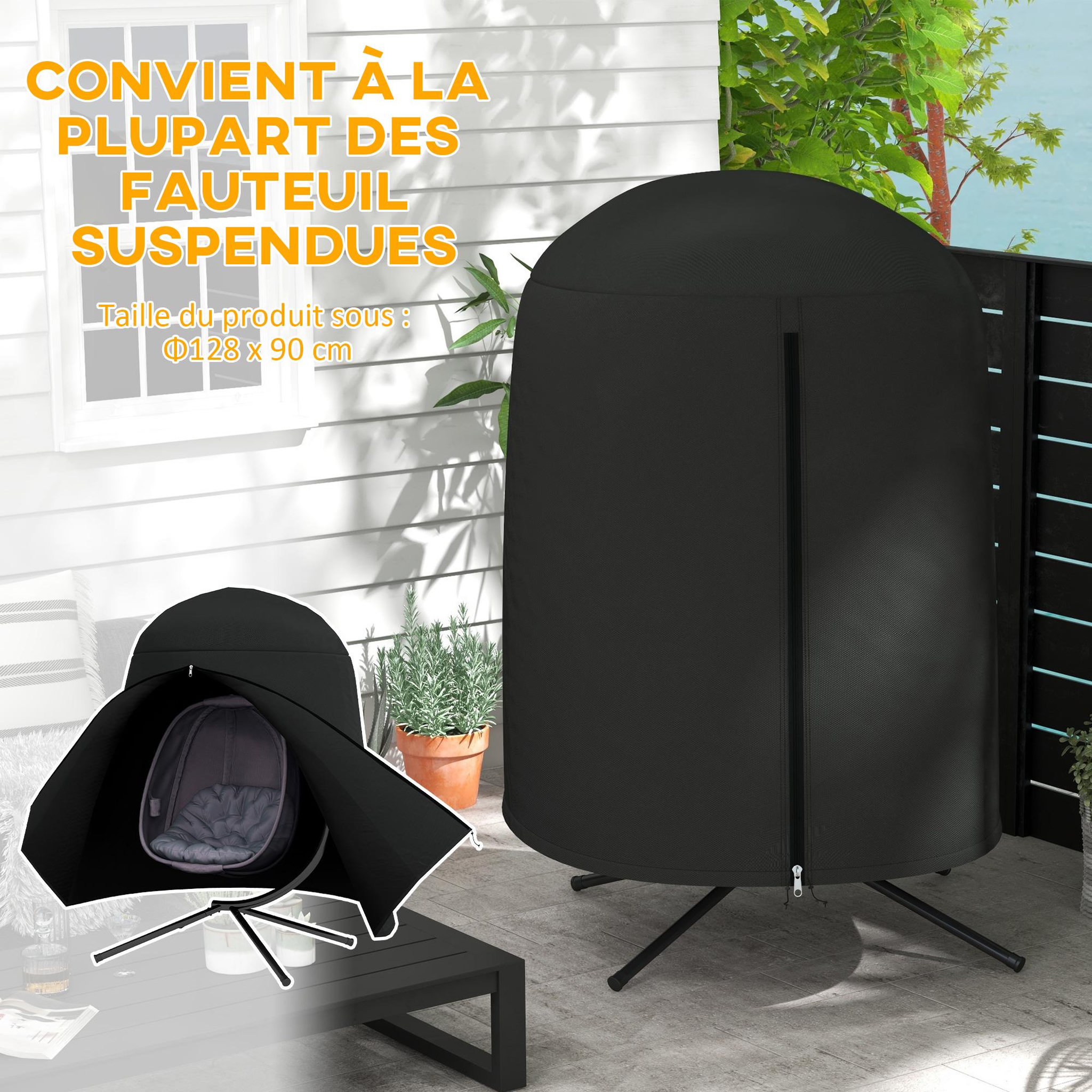 Voir la diapositive 4 : OUTSUNNY Housse de protection fauteuil suspendu de jardin - imperméable, zip - ø 128 x 190h cm - noir