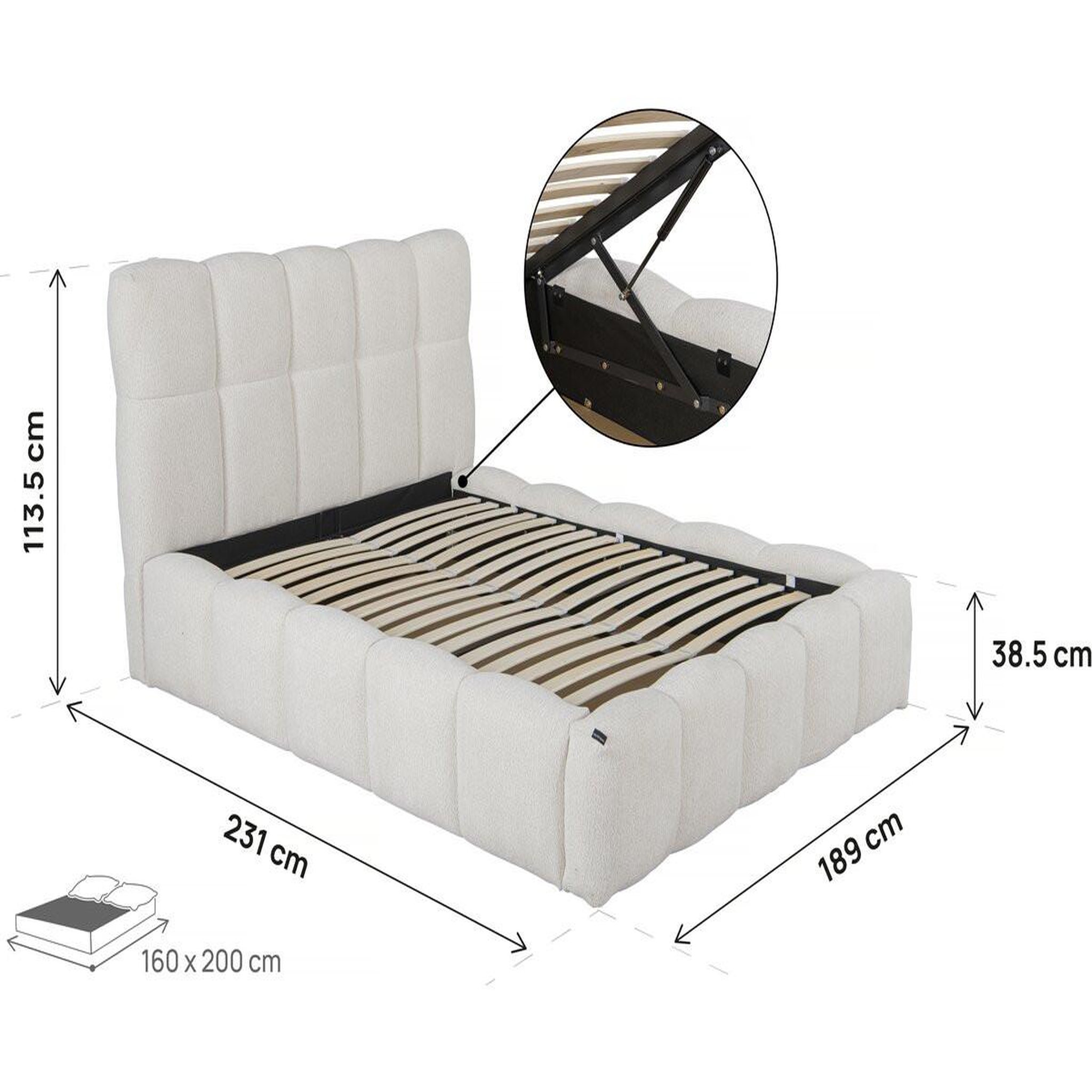 Voir la diapositive 4 : Habitat et Jardin Lit double en tissu avec coffre  davos  - 160 x 200 cm - beige