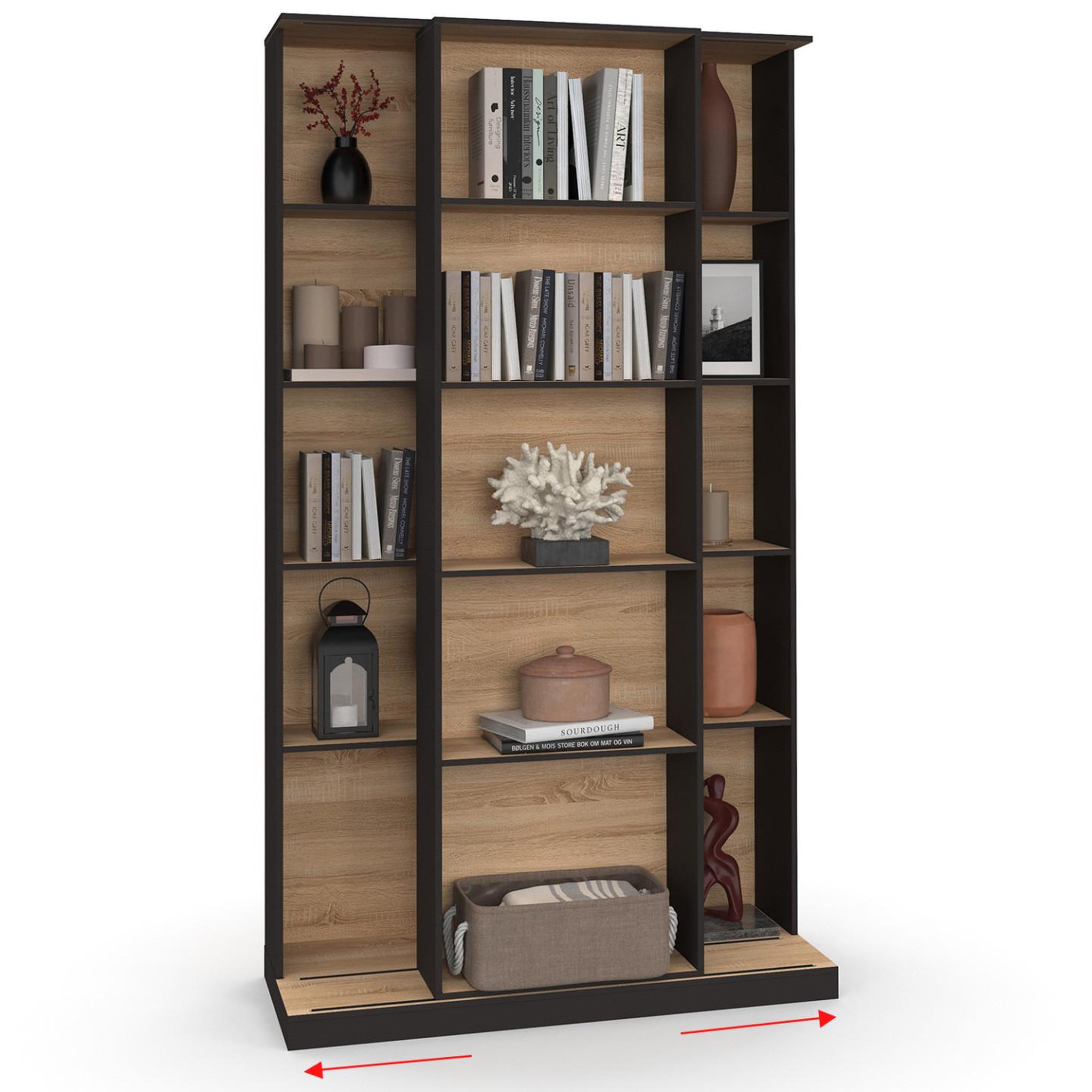ID MARKET Bibliothèque coulissante alphonse 5 niveaux 15 niches bois et noir