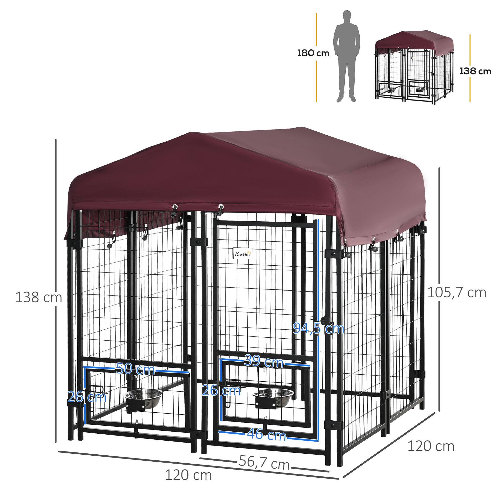 Voir la diapositive 3 : PAWHUT Chenil extérieur pour chien - cage chien - enclos chien - toile toit imperméable anti-uv, porte verrouillable, 2 bols rotatifs - acier noir oxford pourpre