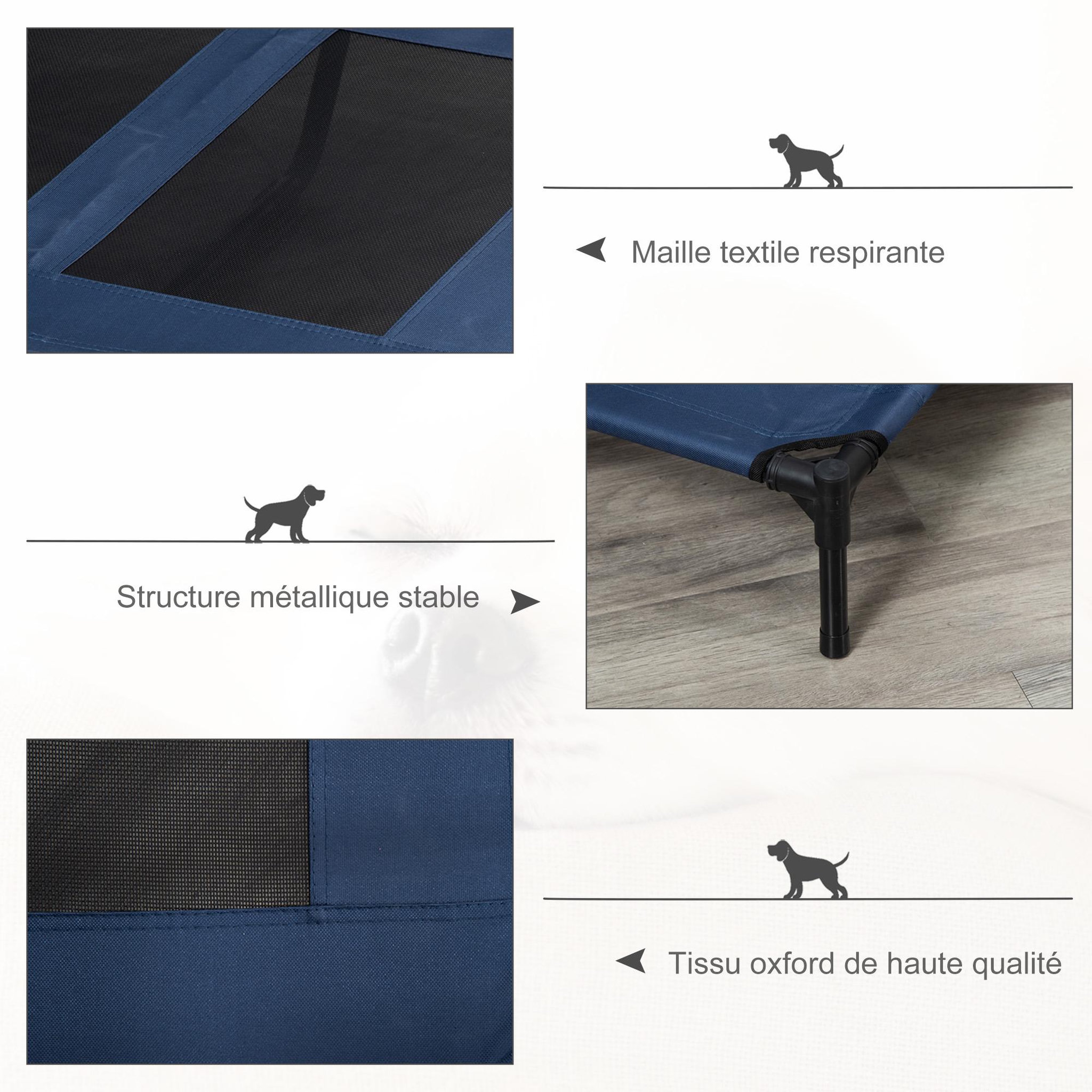 Voir la diapositive 6 : PAWHUT Lit sur pieds pour chien chat lit de camp animal lit surélevé oxford textilène micro-perforé dim. 92l x 76l x 18h cm bleu