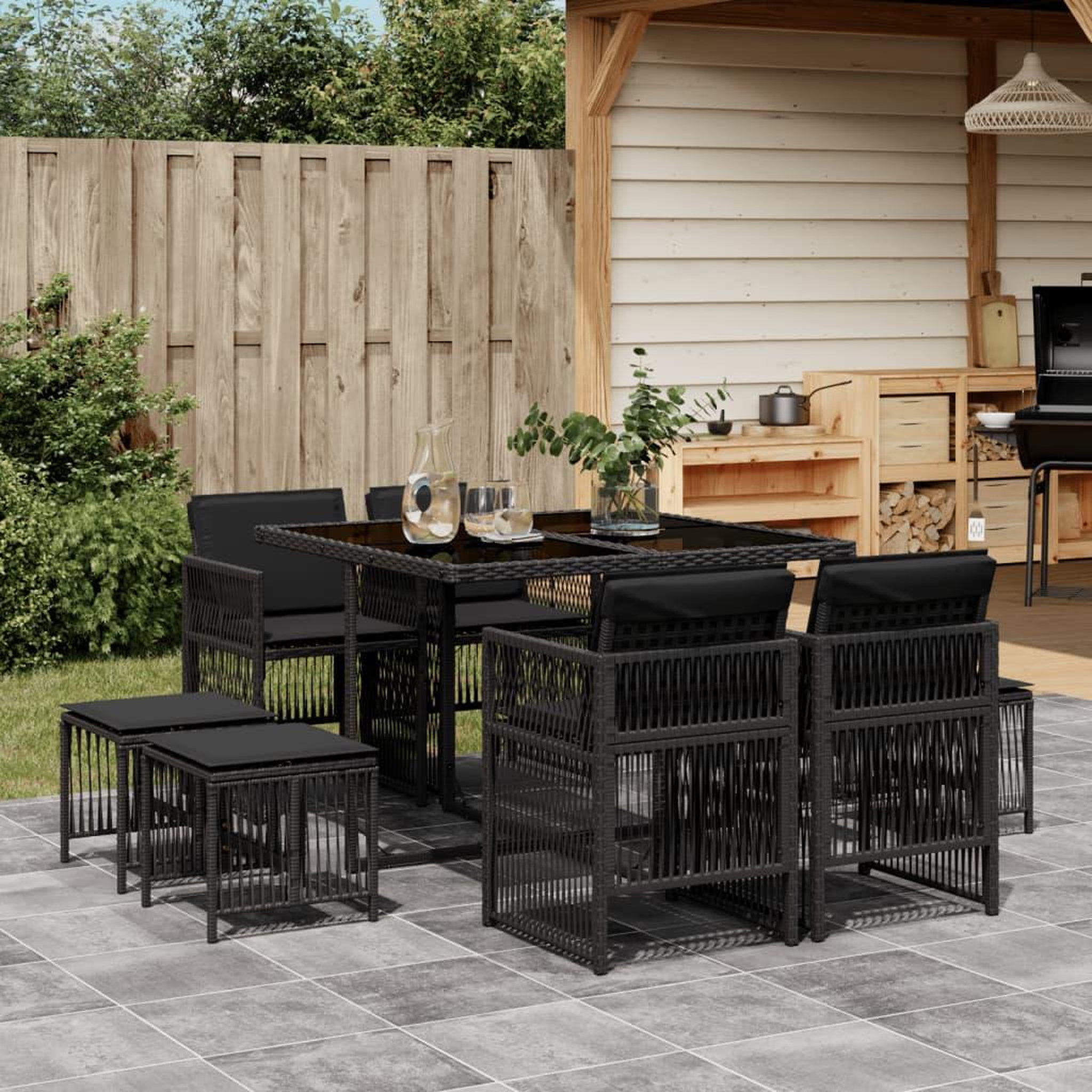 VIDAXL Ensemble a manger de jardin 9pcs coussins noir resine tressee