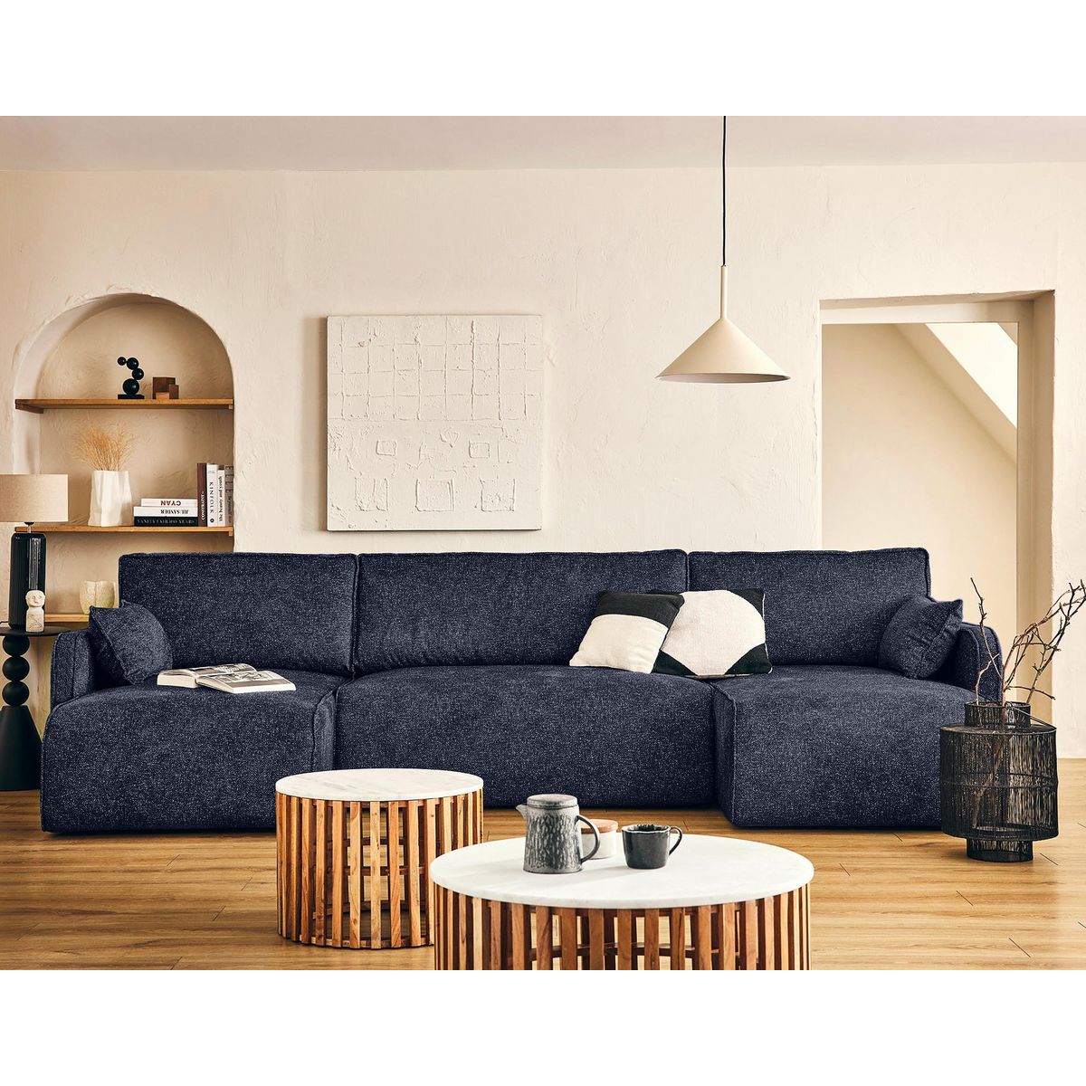 LISA DESIGN Apolline - canapé panoramique en u 7 places convertible avec coffres en tissu moucheté