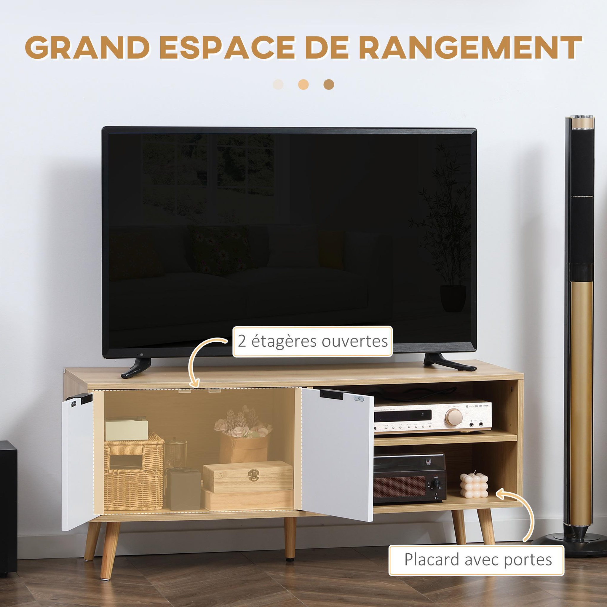 Voir la diapositive 4 : HOMCOM Meuble TV bas sur pied style scandinave 2 portes 2 niches piètement effilé incliné bois panneaux blanc aspect bois