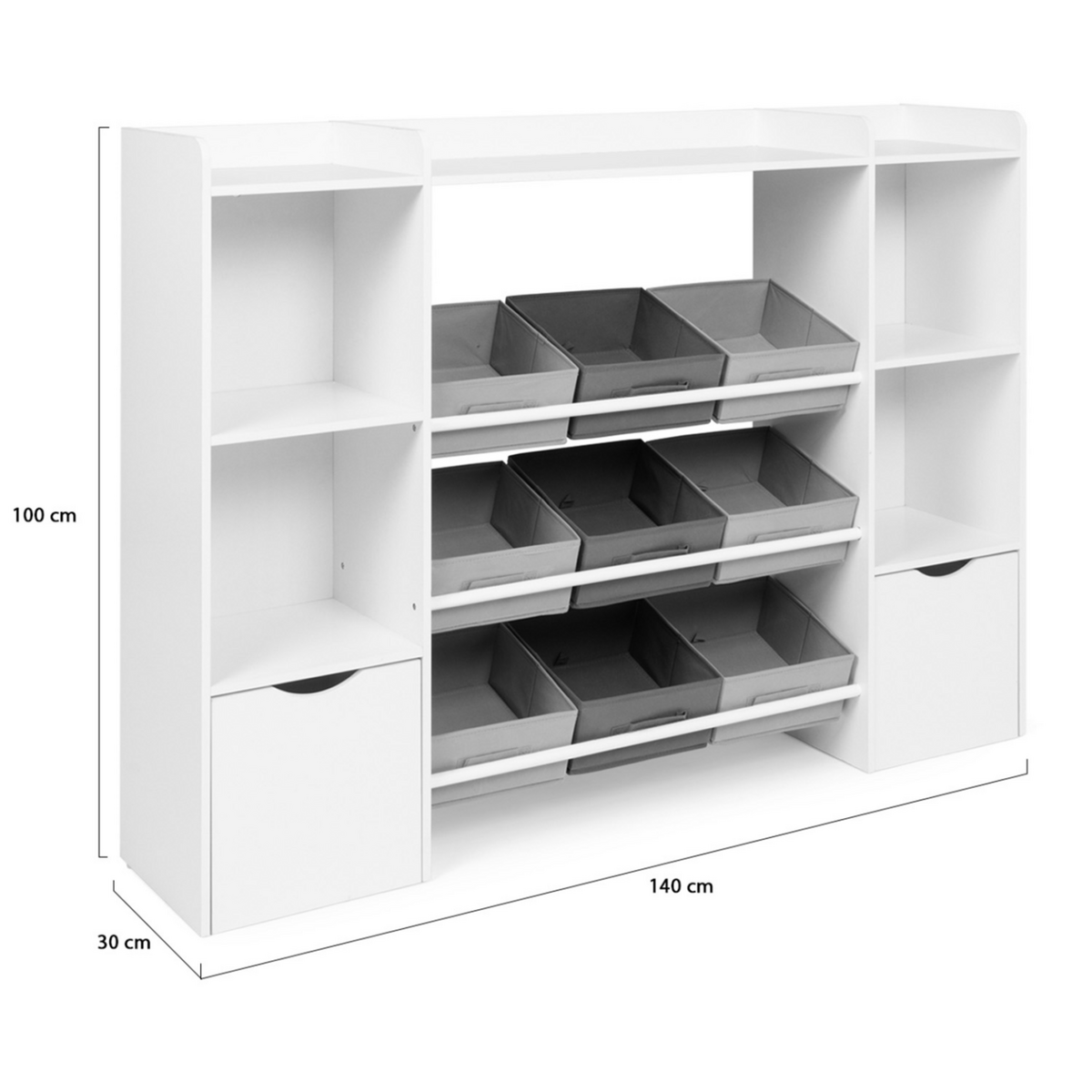 ID MARKET Meuble de rangement enfant MANA 7 étagères, 9 bacs en tissu et 2 cubes sur roulettes blanc