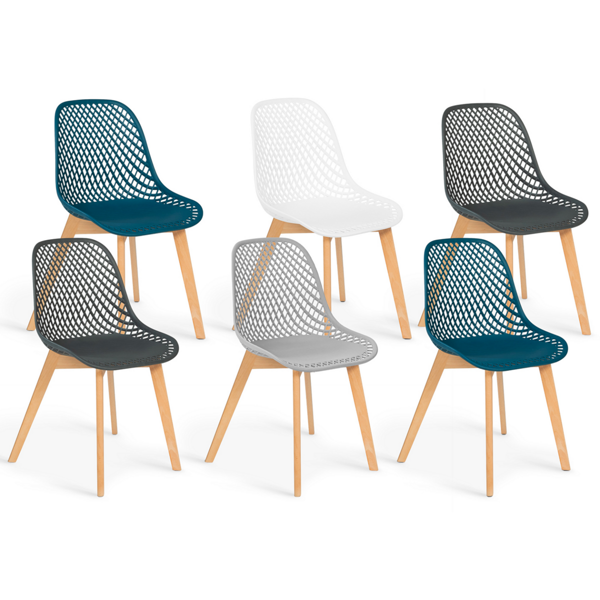 ID MARKET Lot de 6 chaises MANDY mix color blanc, gris clair, bleu canard x2, gris foncé x2