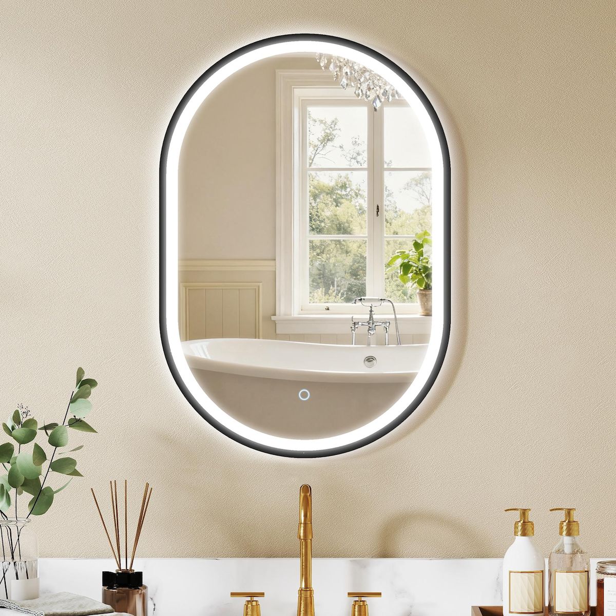 HOMCOM Miroir salle de bain LED design ovale 50 x 70 cm anti-buée dimmable tactile réglable verre trempé alu noir