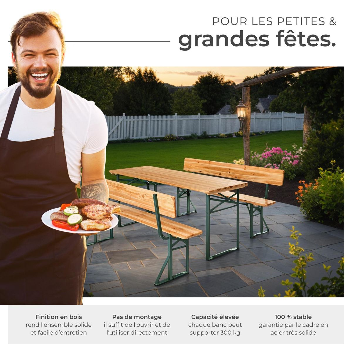 tectake Ensemble table et bancs de brasserie 3 pièces pliables avec dossiers amovibles marron