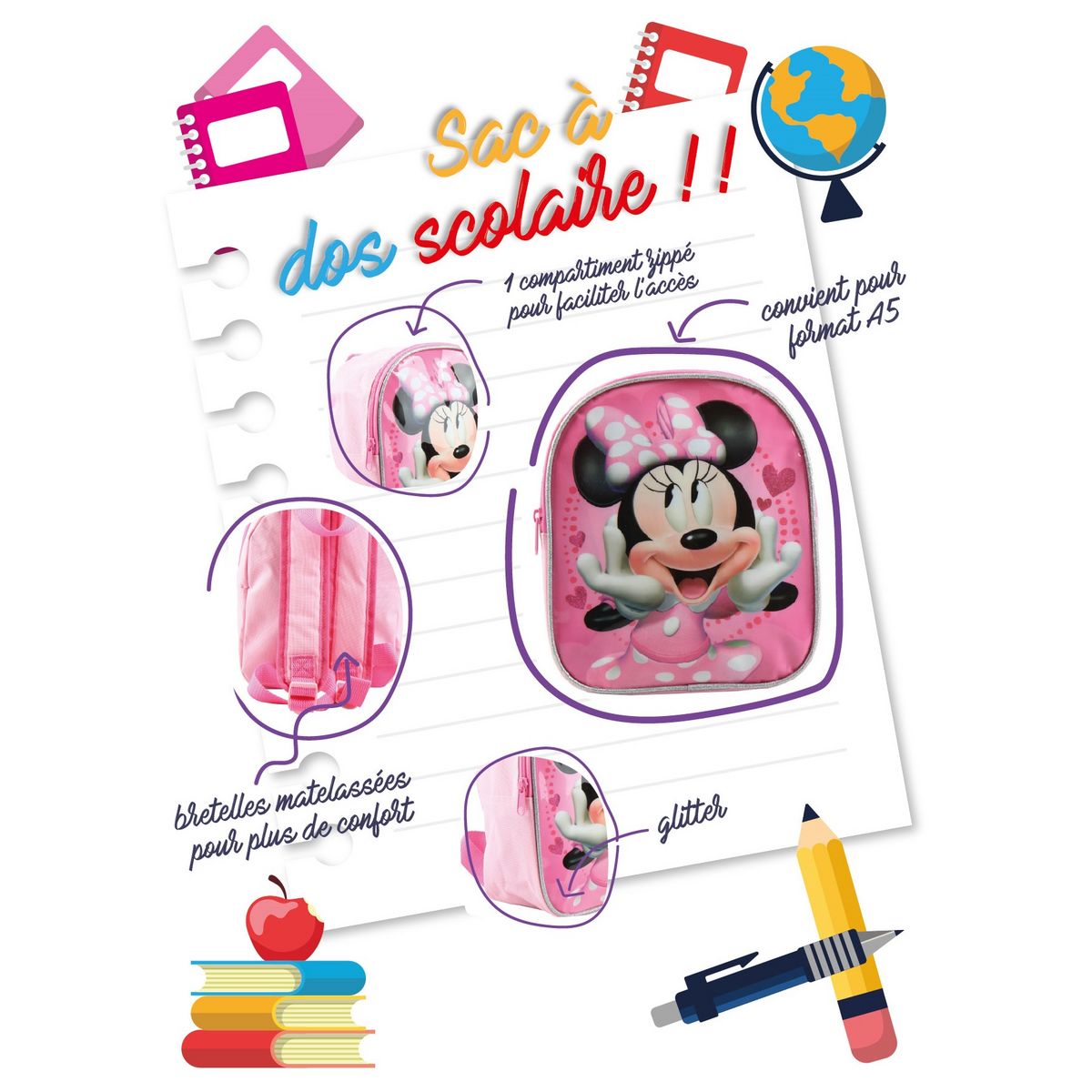 DISNEY Sac maternelle rose Minnie