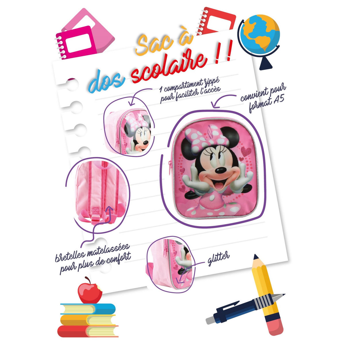 DISNEY Sac maternelle rose Minnie