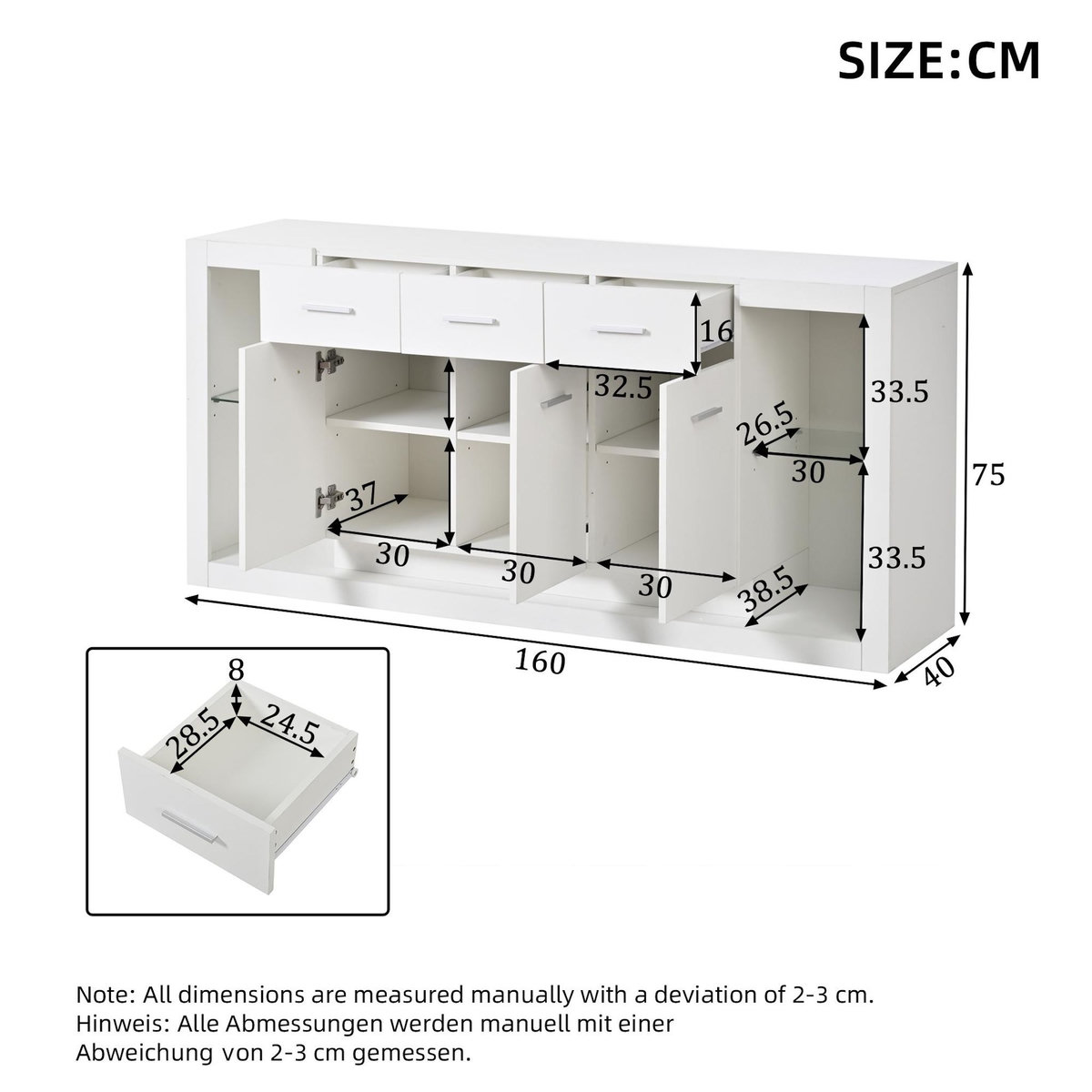 MERAX Buffet 3 porte(s) 3 tiroir(s) - 160 cm blanc led panneau de particules