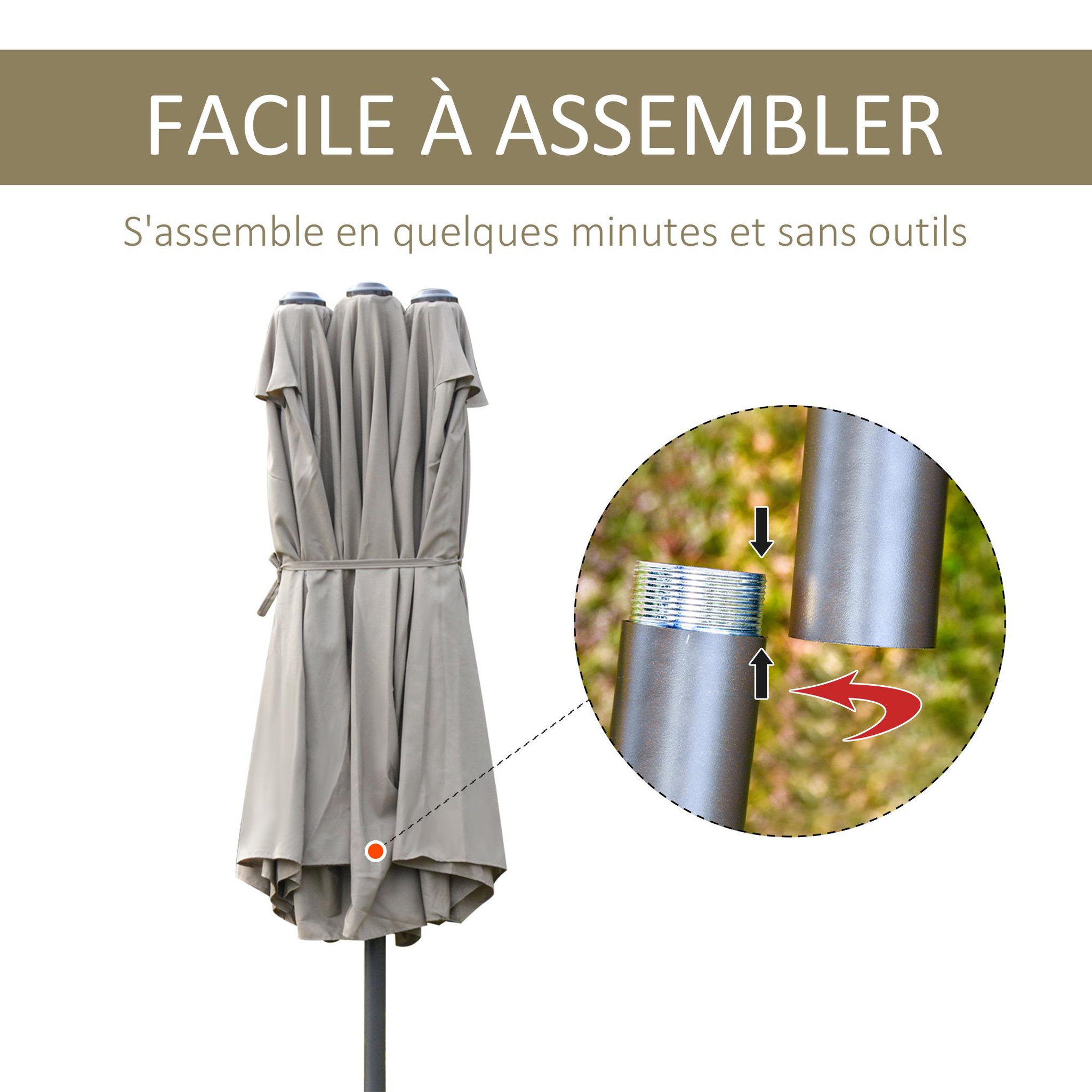 Voir la diapositive 6 : OUTSUNNY Parasol de jardin XXL parasol grande taille 4,6L x 2,7l x 2,4H m ouverture fermeture manivelle acier polyester haute densité café latte