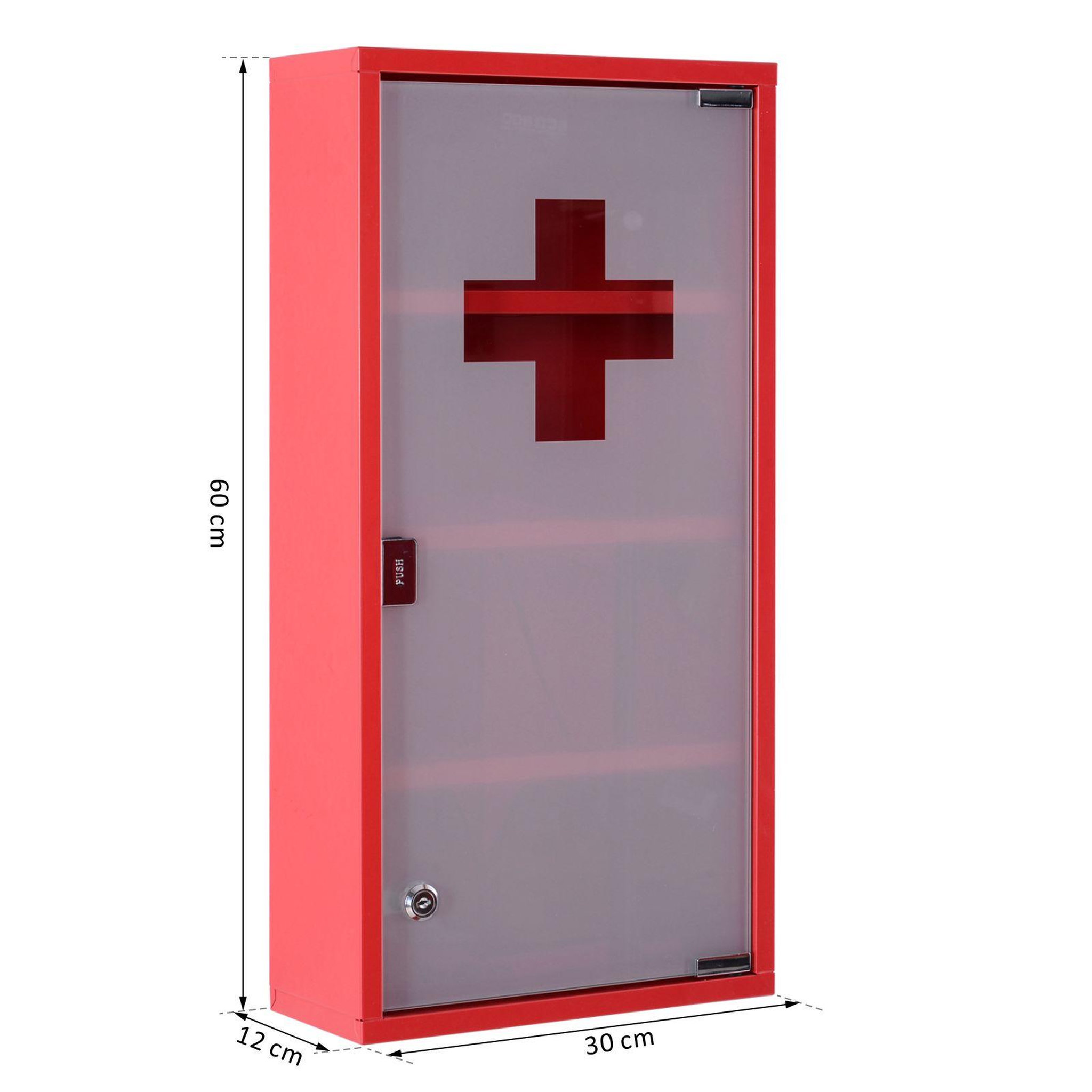 Voir la diapositive 3 : HOMCOM Armoire à pharmacie 3 étagères 4 niveaux verrouillable porte verre trempé dépoli logo croix 30l x 12l x 60h cm acier inox rouge
