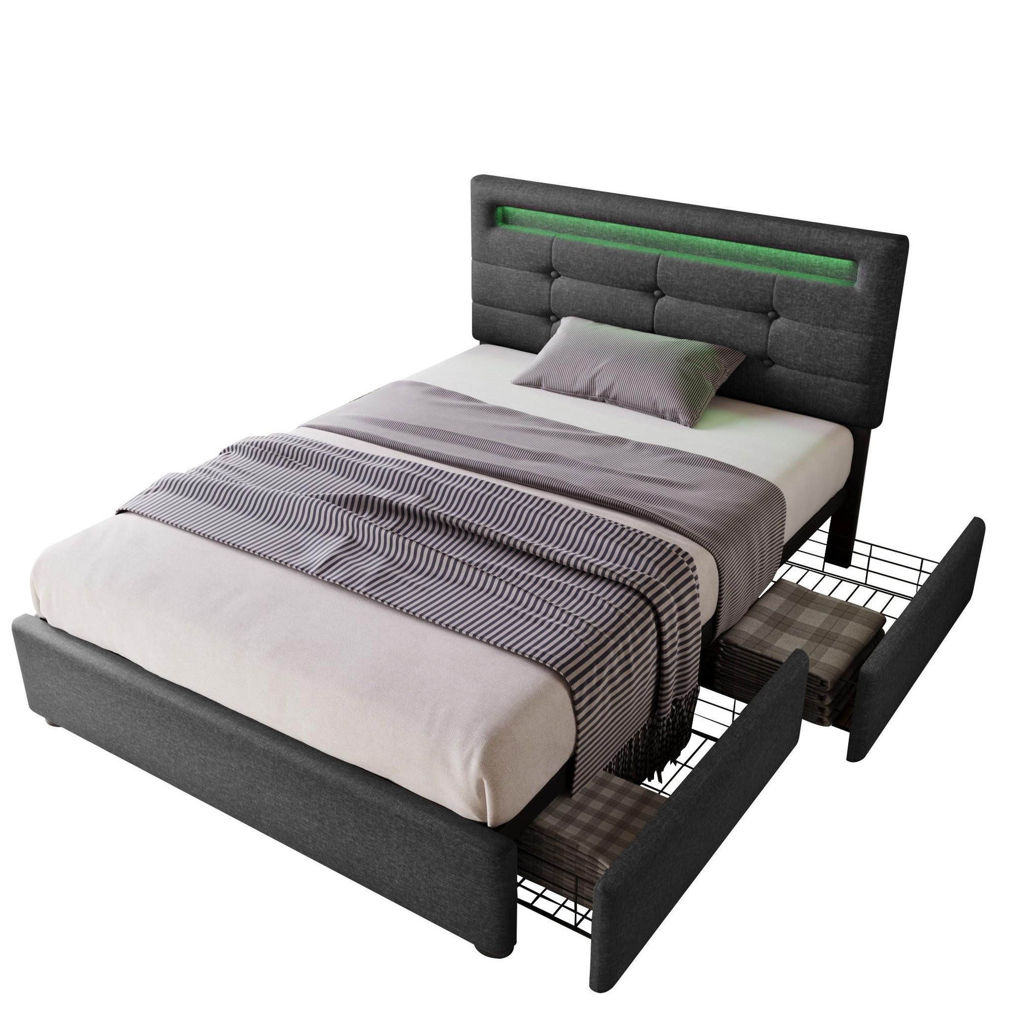 Voir la diapositive 1 : MERAX Lit avec tiroirs et LED Lin