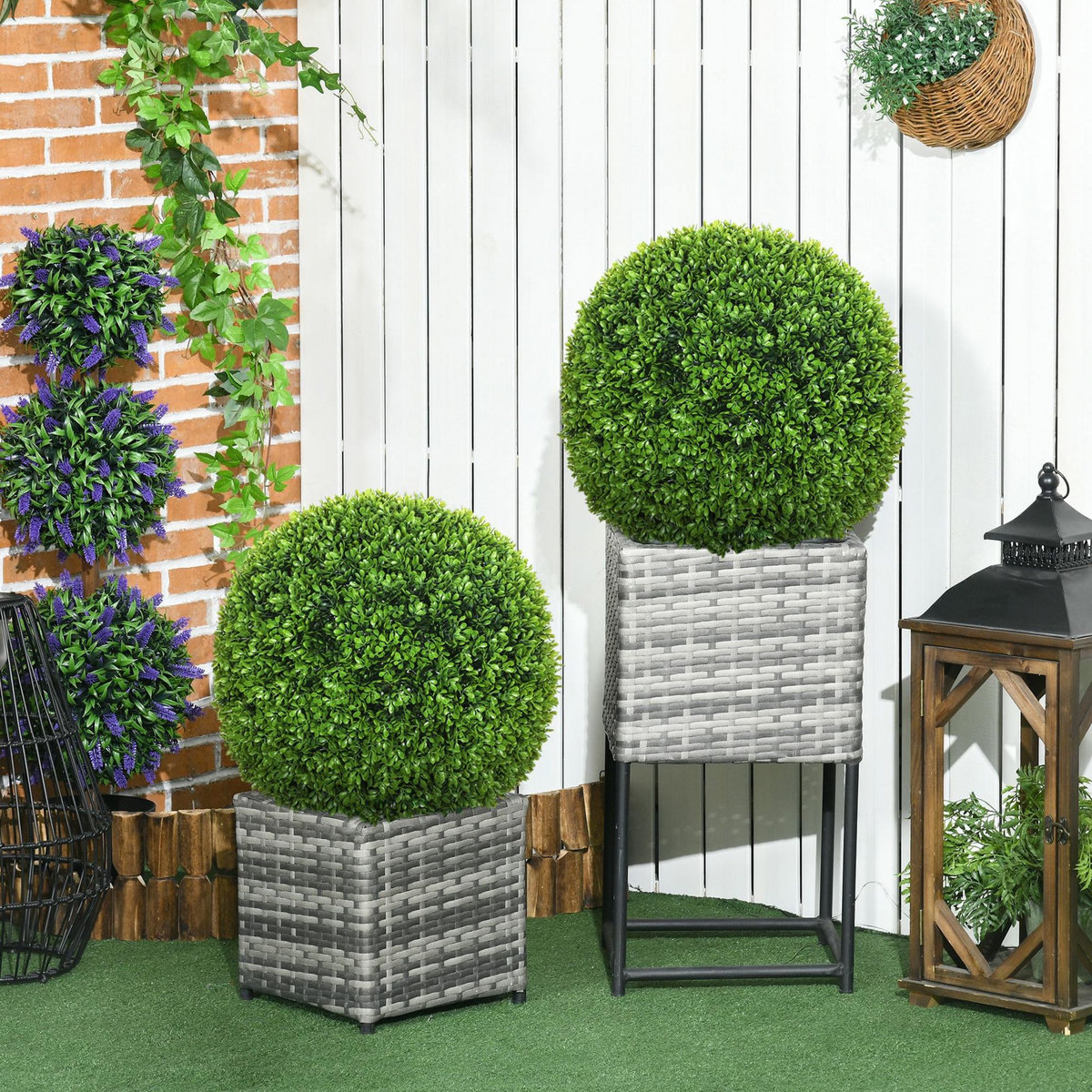 HOMCOM Lot de 2 buis artificiels topiaires artificielles en forme de boule Ø 40 cm PE vert