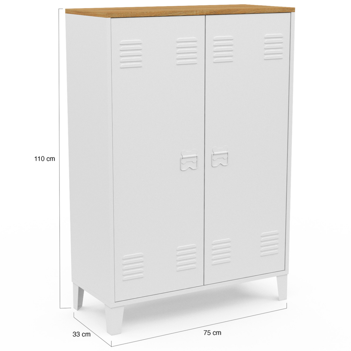 ID MARKET Armoire basse ESTER 2 portes métal blanc et plateau bois design industriel
