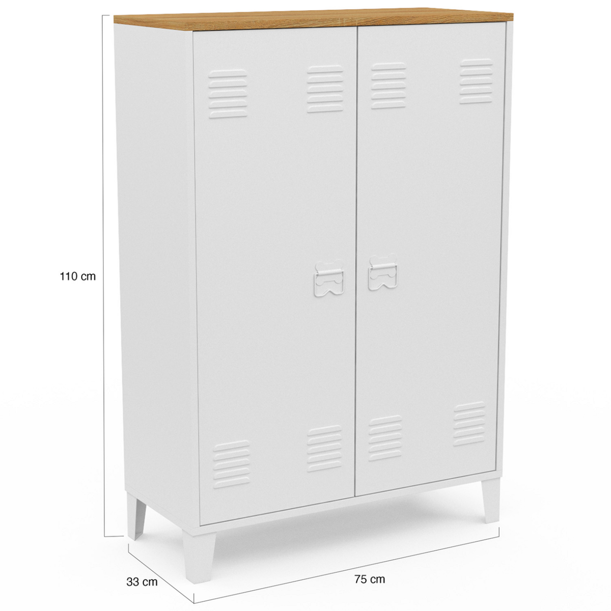 ID MARKET Armoire basse ESTER 2 portes métal blanc et plateau bois design industriel