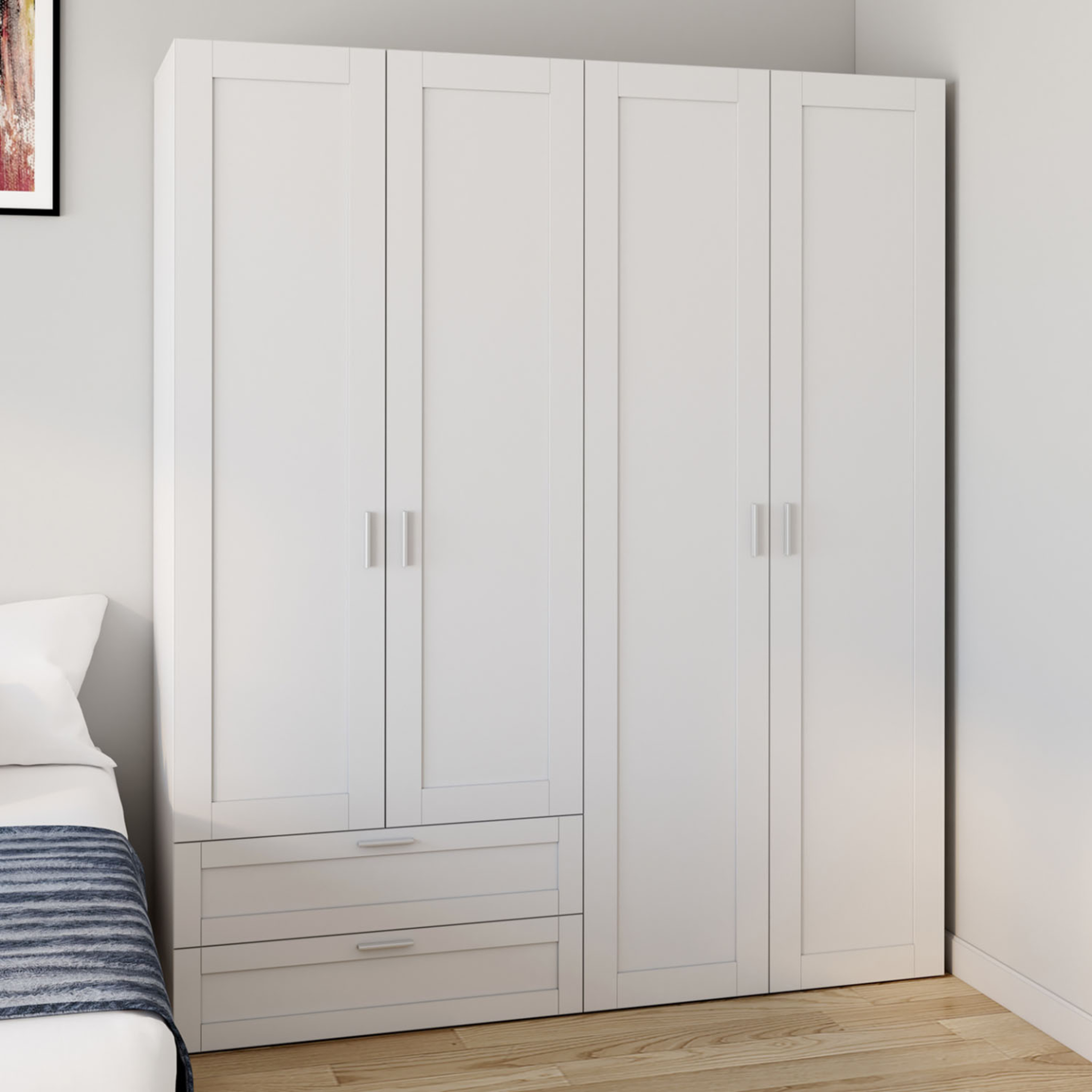 Voir la diapositive 2 : ID MARKET Armoire 4 portes vito blanc penderie 160 cm avec 2 tiroirs et étagères