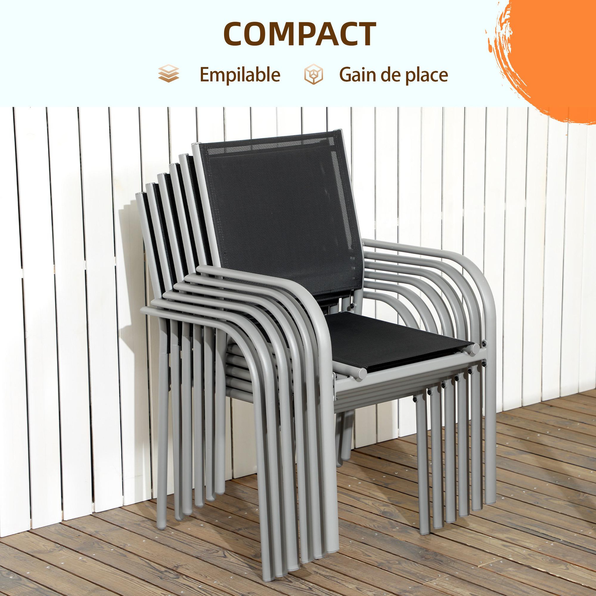 Voir la diapositive 4 : OUTSUNNY Ensemble de jardin 6 personnes chaises empilables table à manger dim. 150l x 90l x 72h cm plateau verre acier époxy textilène noir