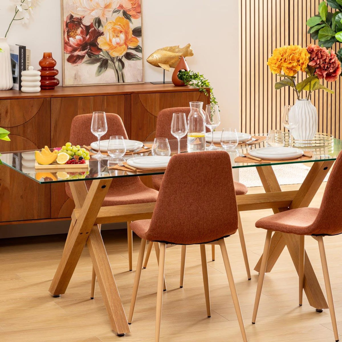 ATMOSPHERA Table à Manger en Verre  Jorel  180cm Transparent & Naturel