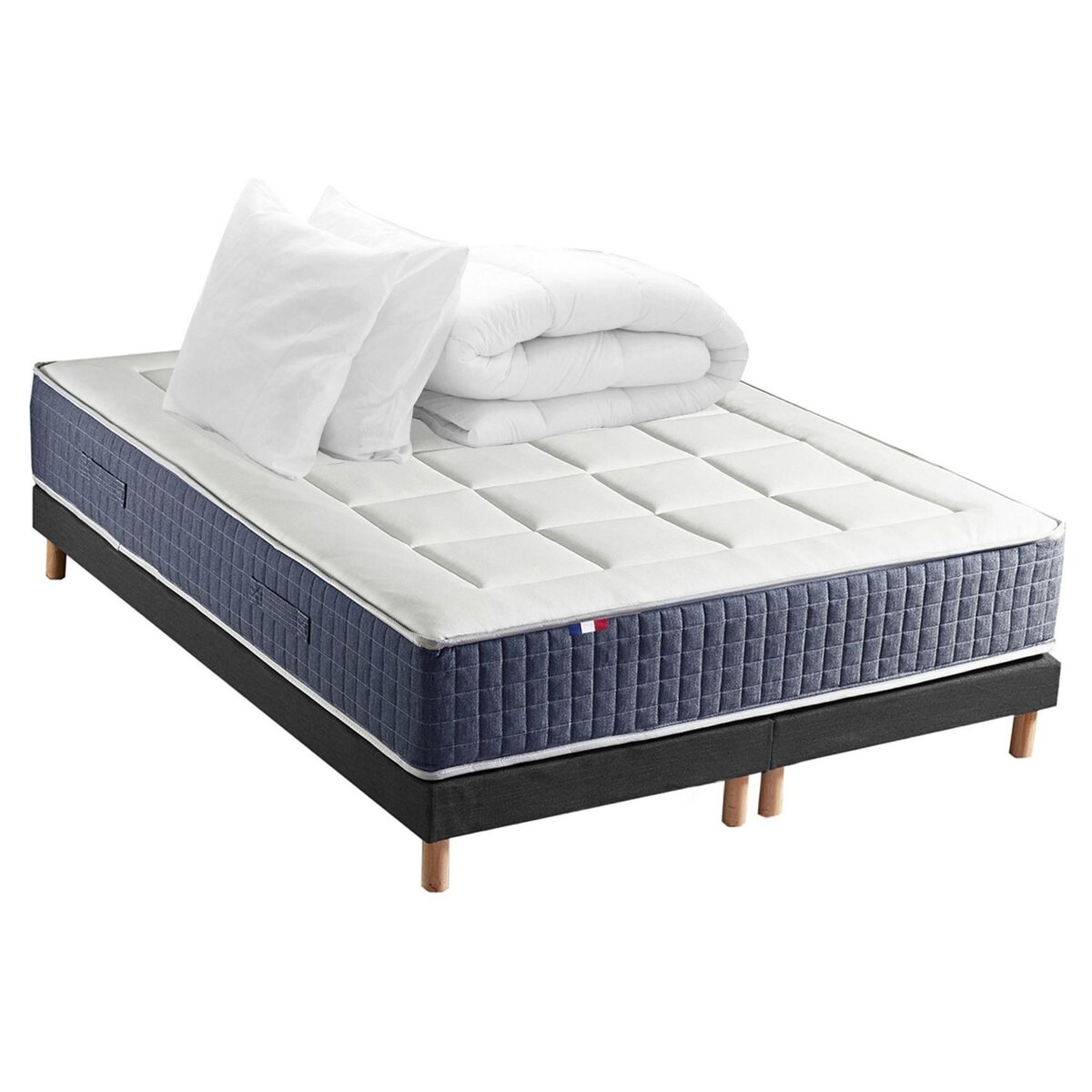 IDLITERIE Ensemble matelas ressort 7 zones KING STYLE, mémoire de forme, sommier, couette, oreillers