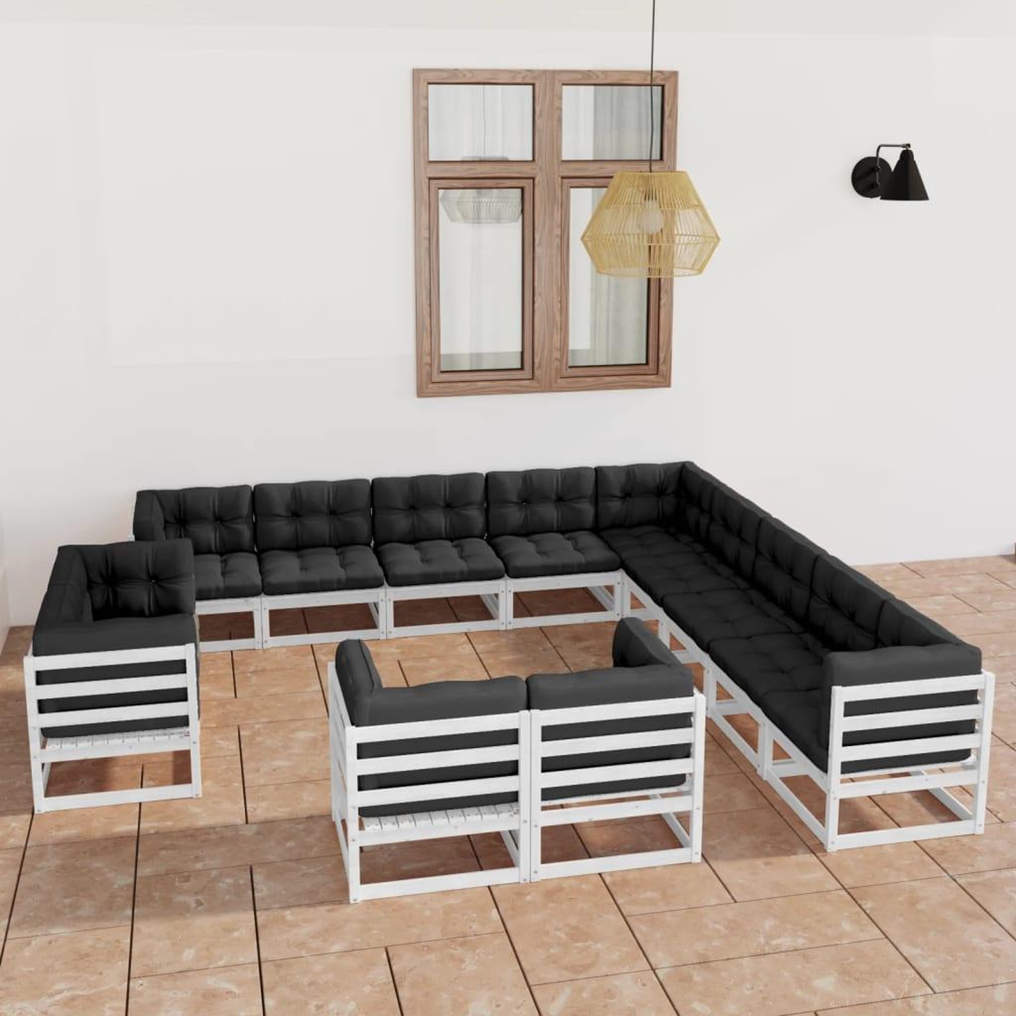 Voir la diapositive 1 : VIDAXL Salon de jardin 13 pcs avec coussins Blanc Bois de pin massif